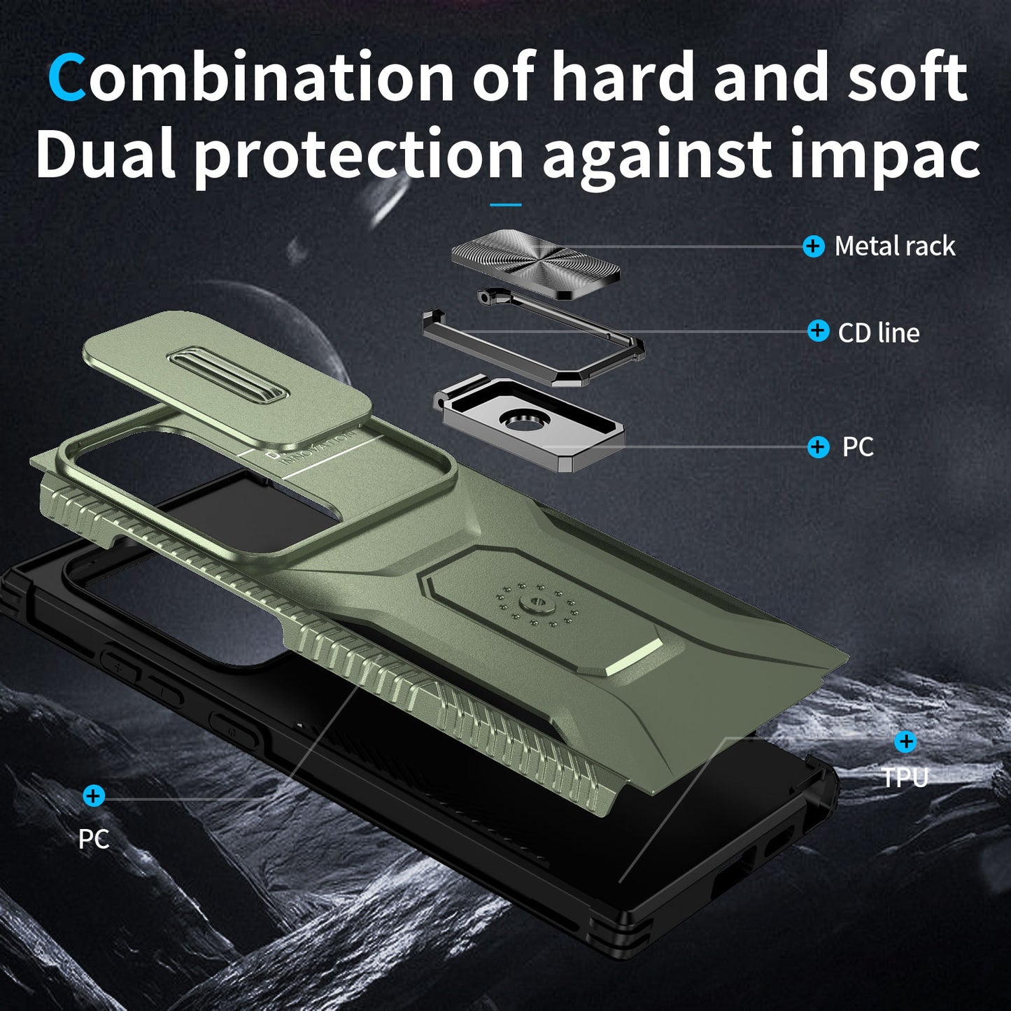 For Samsung Galaxy S24 Ultra Case Rotate Kickstand Slide Lens Window Phone Cover - Green