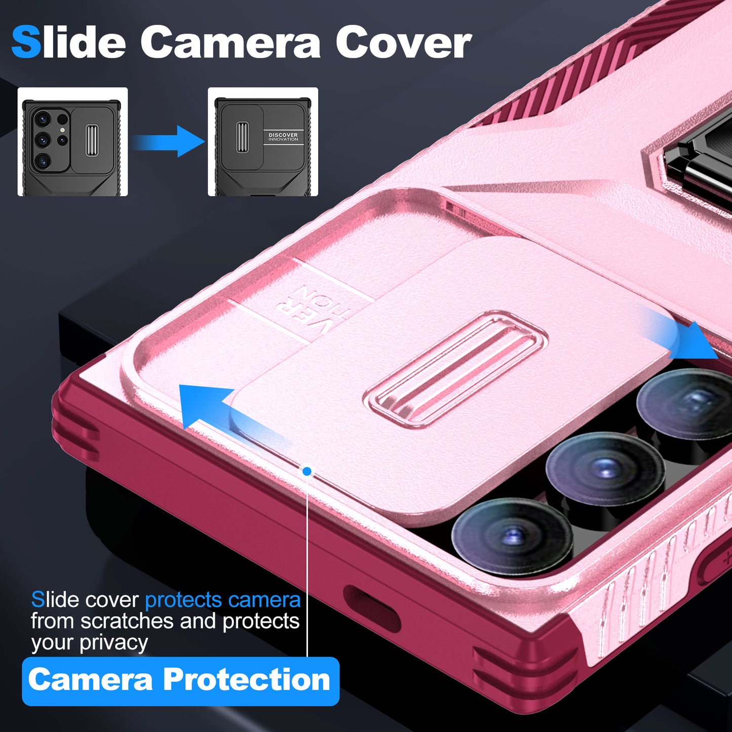 For Samsung Galaxy S24 Ultra Case Rotate Kickstand Slide Lens Window Phone Cover - Pink+Rose