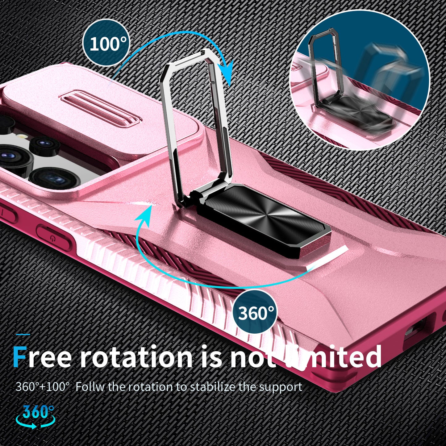 For Samsung Galaxy S24 Ultra Case Rotate Kickstand Slide Lens Window Phone Cover - Pink+Rose