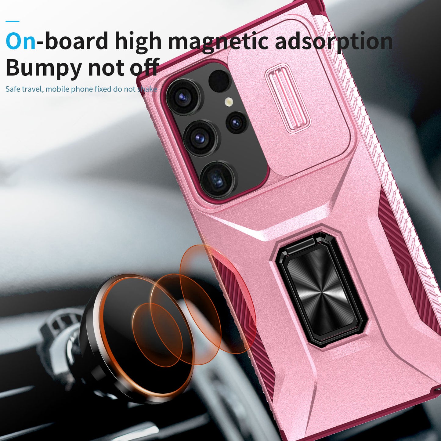 For Samsung Galaxy S24 Ultra Case Rotate Kickstand Slide Lens Window Phone Cover - Pink+Rose