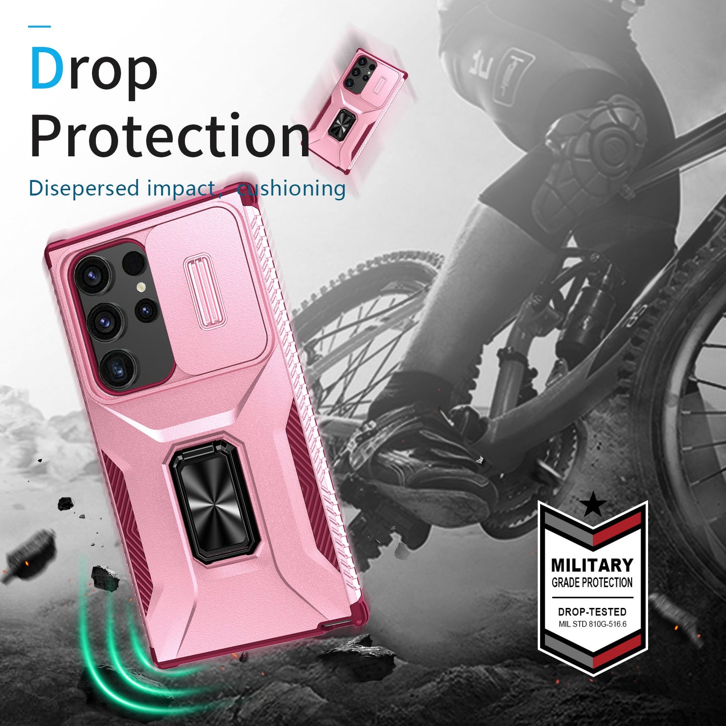 For Samsung Galaxy S24 Ultra Case Rotate Kickstand Slide Lens Window Phone Cover - Pink+Rose