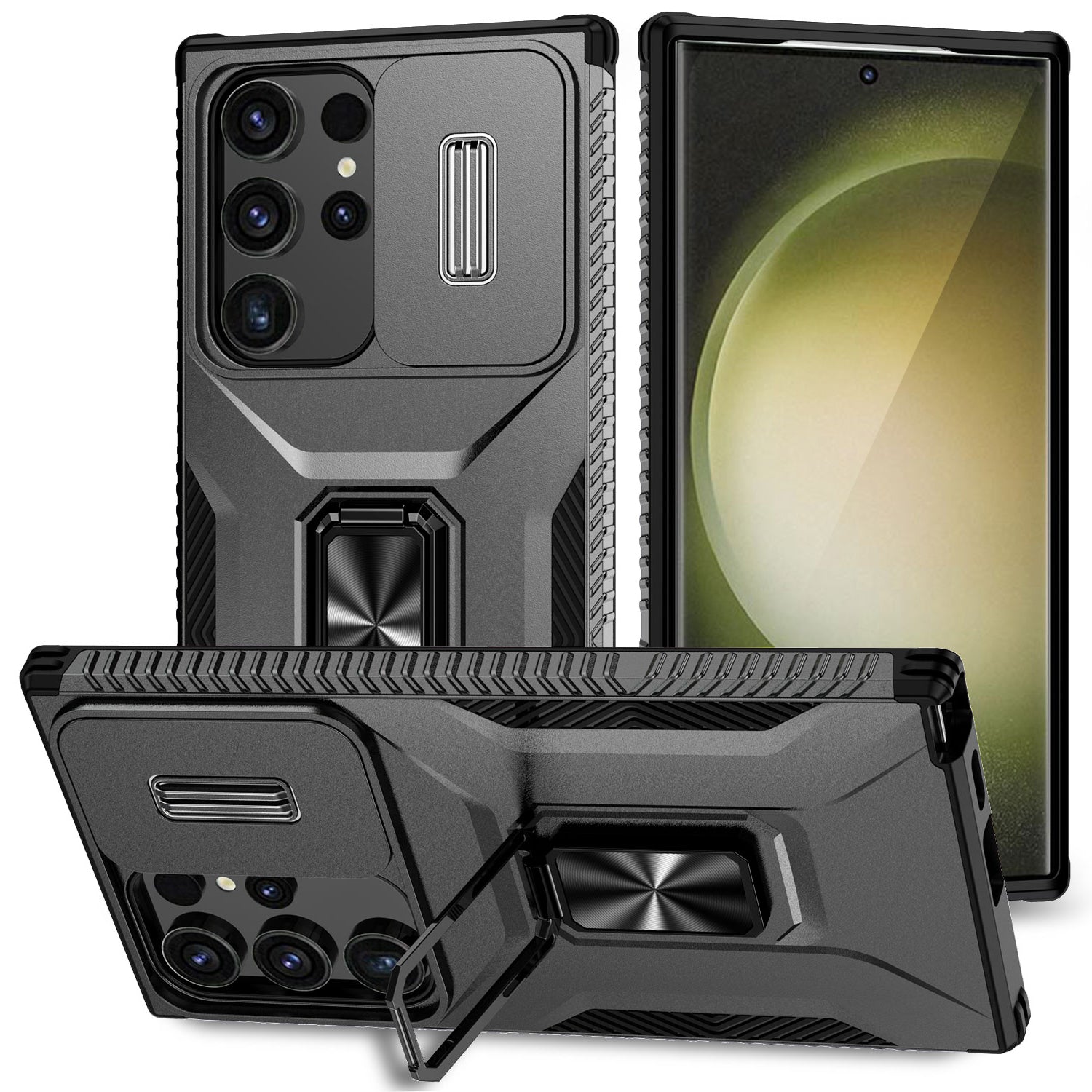For Samsung Galaxy S24 Ultra Case Rotate Kickstand Slide Lens Window Phone Cover - Black