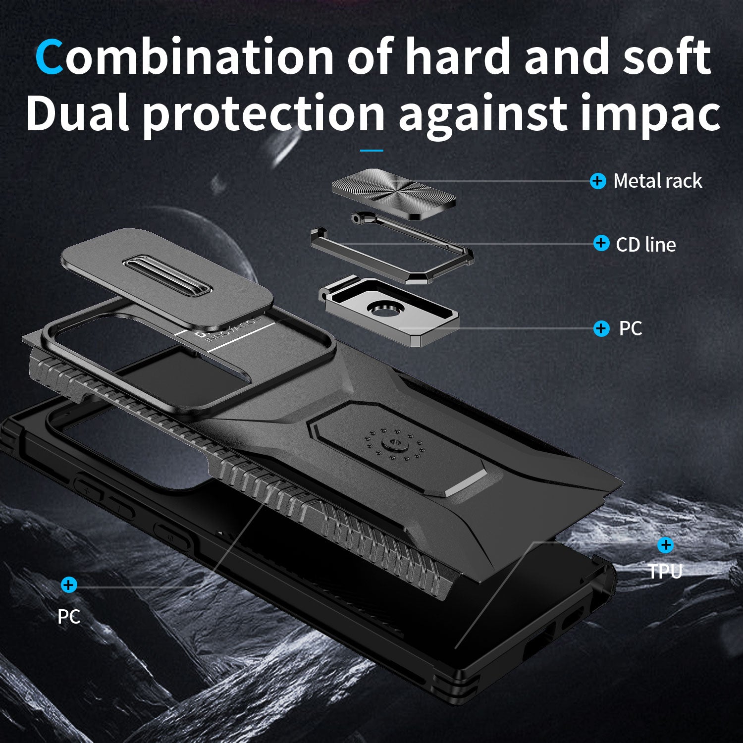 For Samsung Galaxy S24 Ultra Case Rotate Kickstand Slide Lens Window Phone Cover - Black