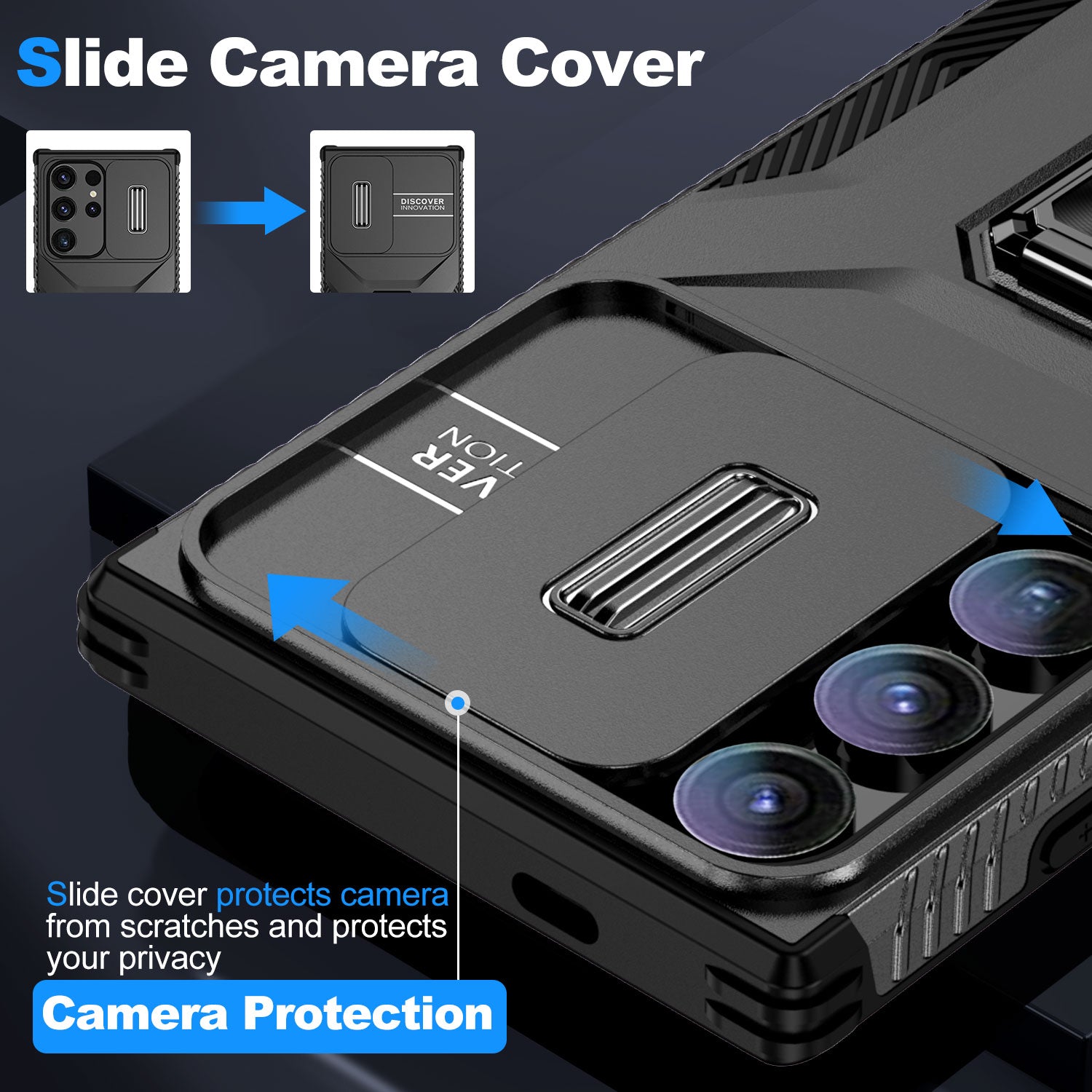 For Samsung Galaxy S24 Ultra Case Rotate Kickstand Slide Lens Window Phone Cover - Black