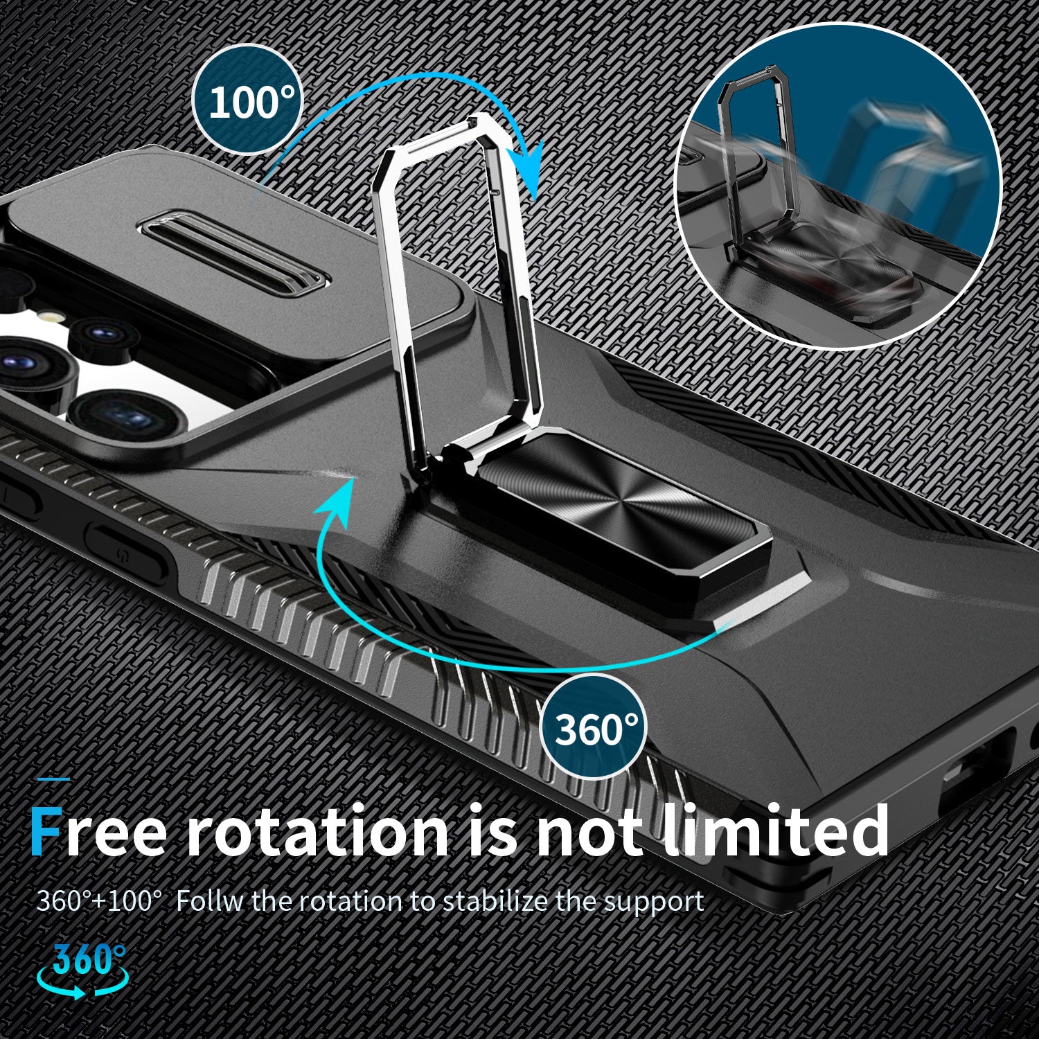 For Samsung Galaxy S24 Ultra Case Rotate Kickstand Slide Lens Window Phone Cover - Black