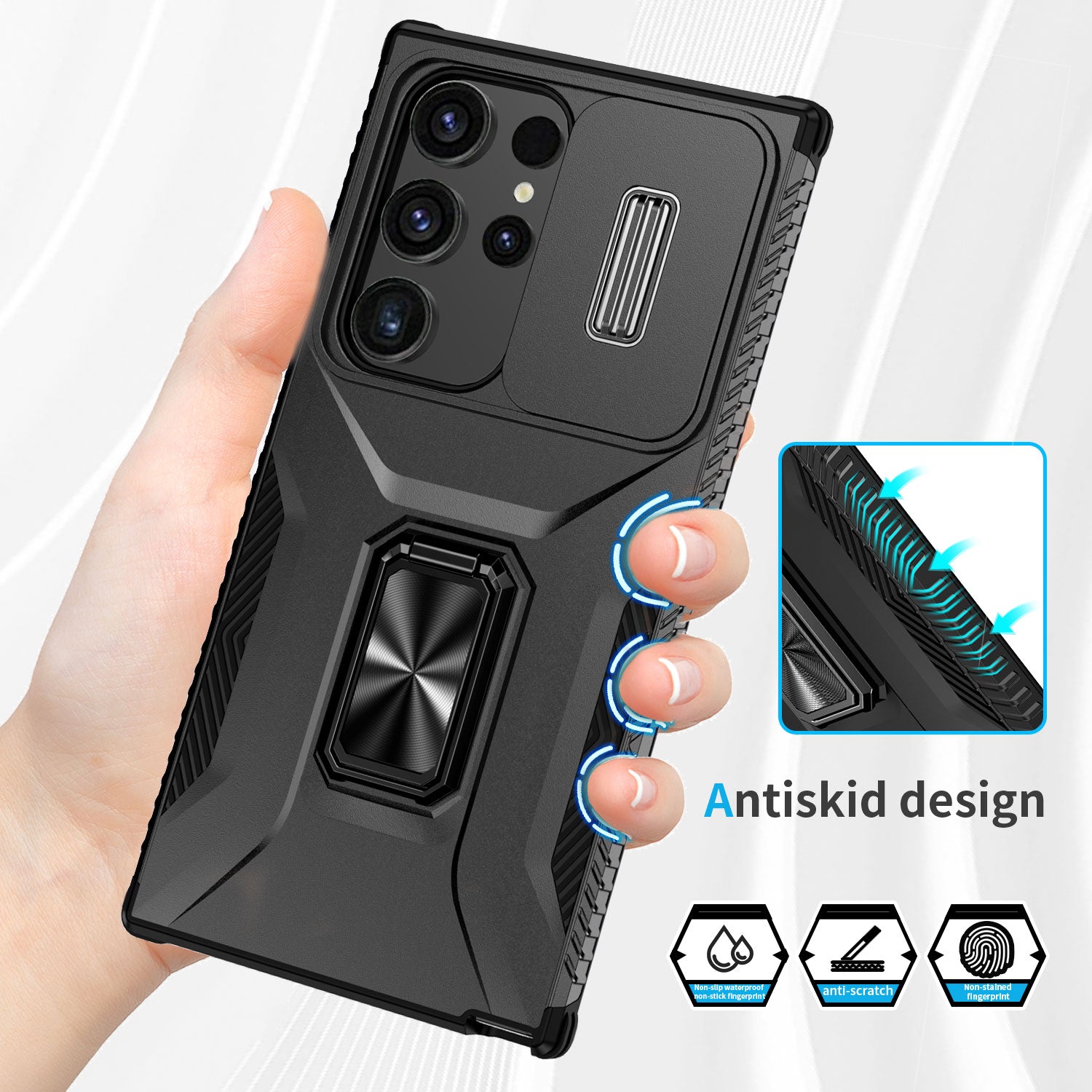 For Samsung Galaxy S24 Ultra Case Rotate Kickstand Slide Lens Window Phone Cover - Black