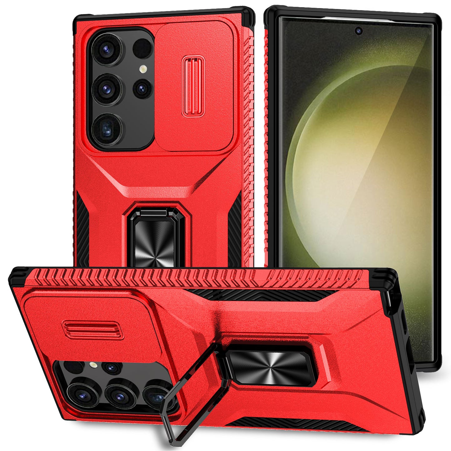 For Samsung Galaxy S24 Ultra Case Rotate Kickstand Slide Lens Window Phone Cover - Red