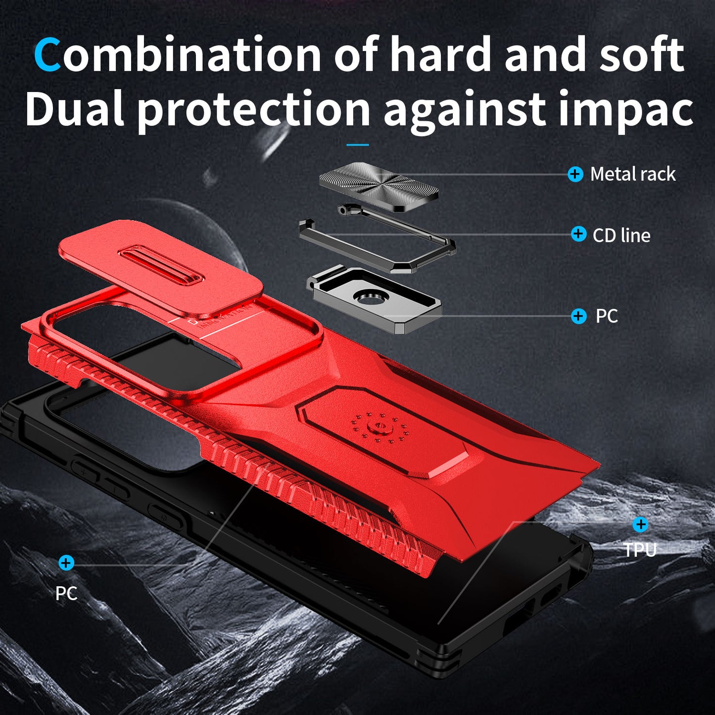 For Samsung Galaxy S24 Ultra Case Rotate Kickstand Slide Lens Window Phone Cover - Red