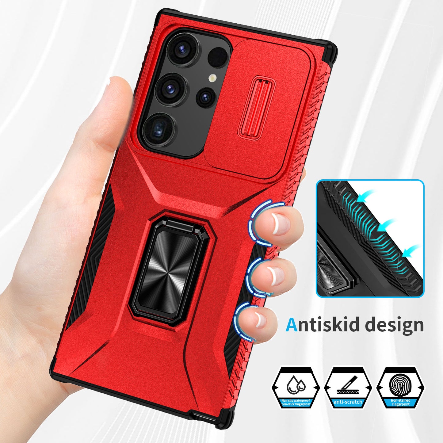 For Samsung Galaxy S24 Ultra Case Rotate Kickstand Slide Lens Window Phone Cover - Red