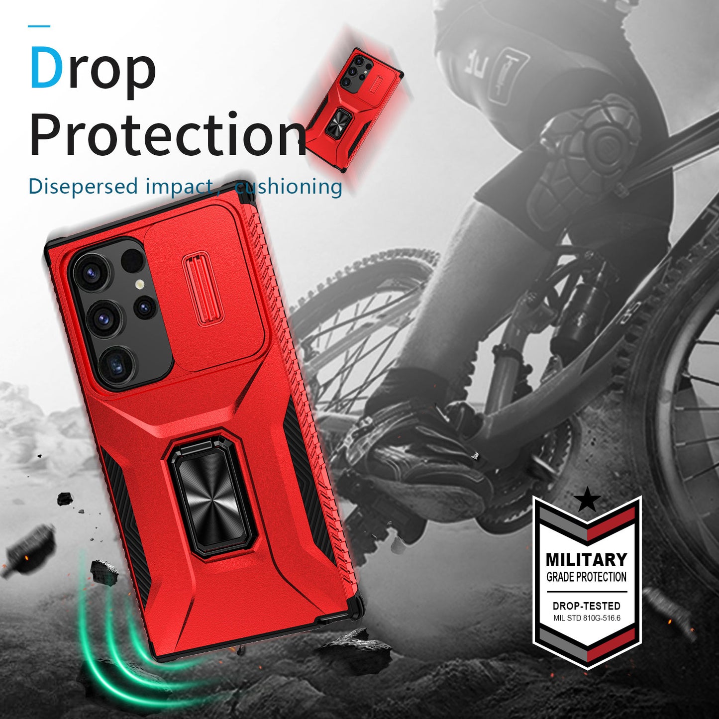 For Samsung Galaxy S24 Ultra Case Rotate Kickstand Slide Lens Window Phone Cover - Red