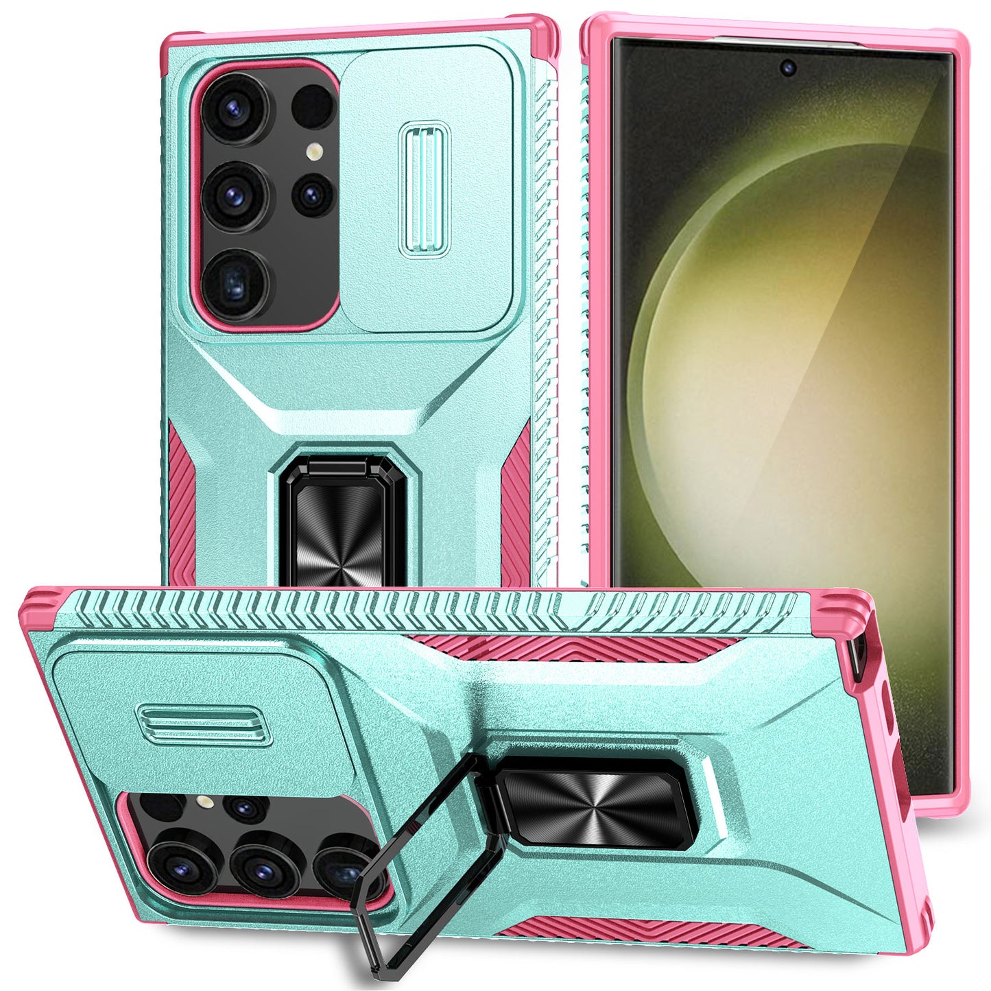 For Samsung Galaxy S24 Ultra Case Rotate Kickstand Slide Lens Window Phone Cover - Cyan+Pink