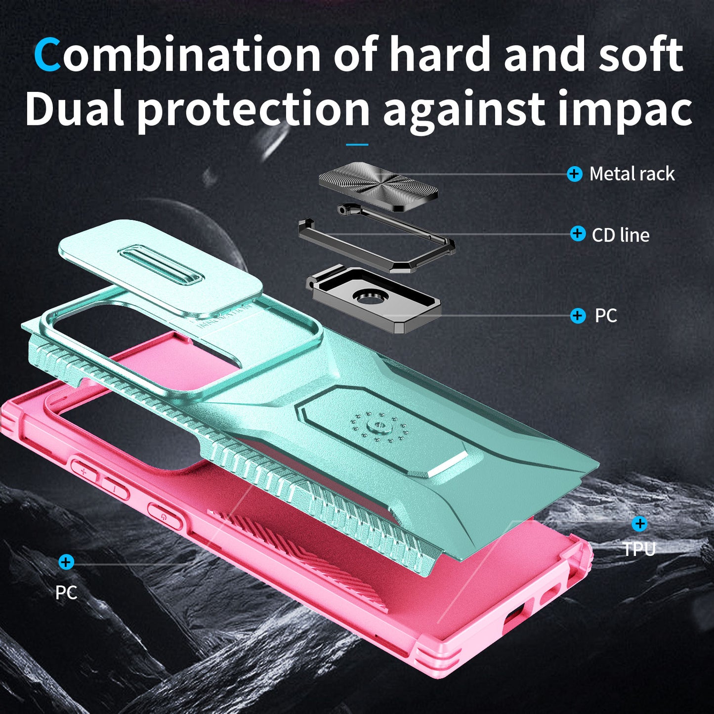 For Samsung Galaxy S24 Ultra Case Rotate Kickstand Slide Lens Window Phone Cover - Cyan+Pink