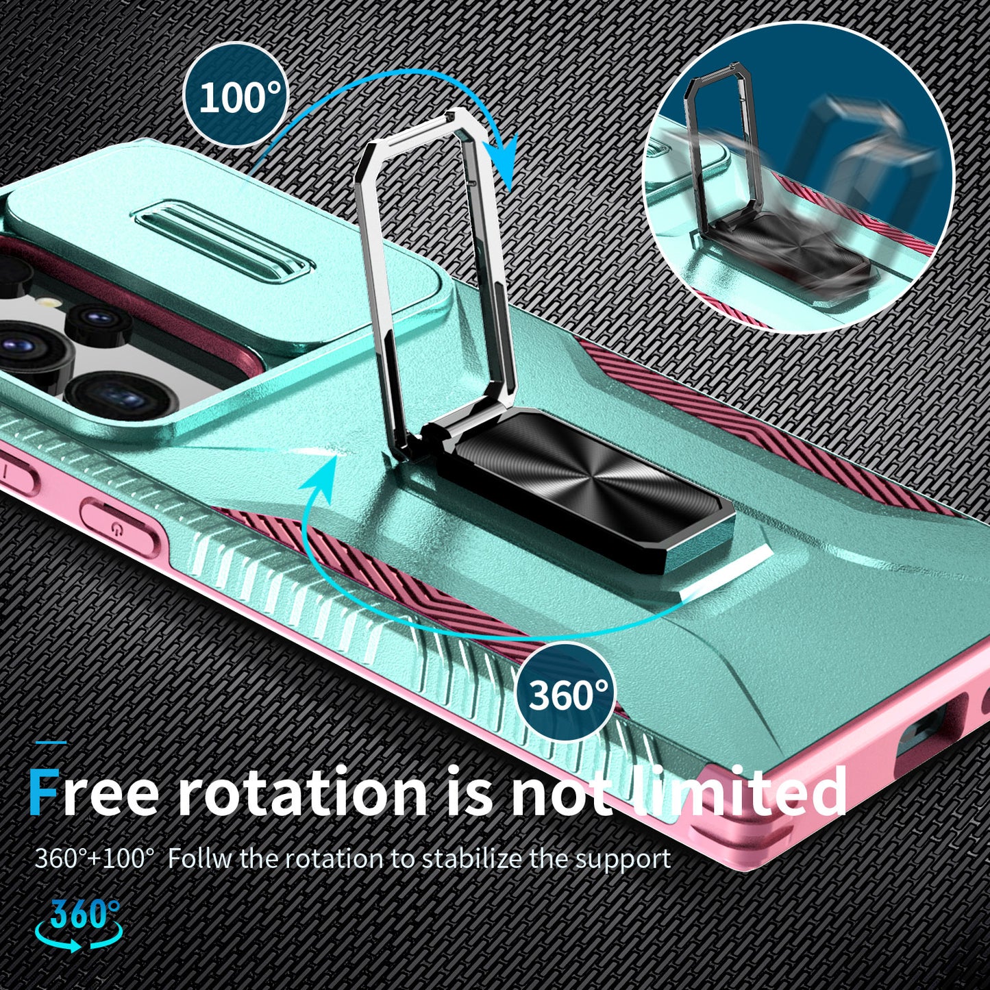 For Samsung Galaxy S24 Ultra Case Rotate Kickstand Slide Lens Window Phone Cover - Cyan+Pink