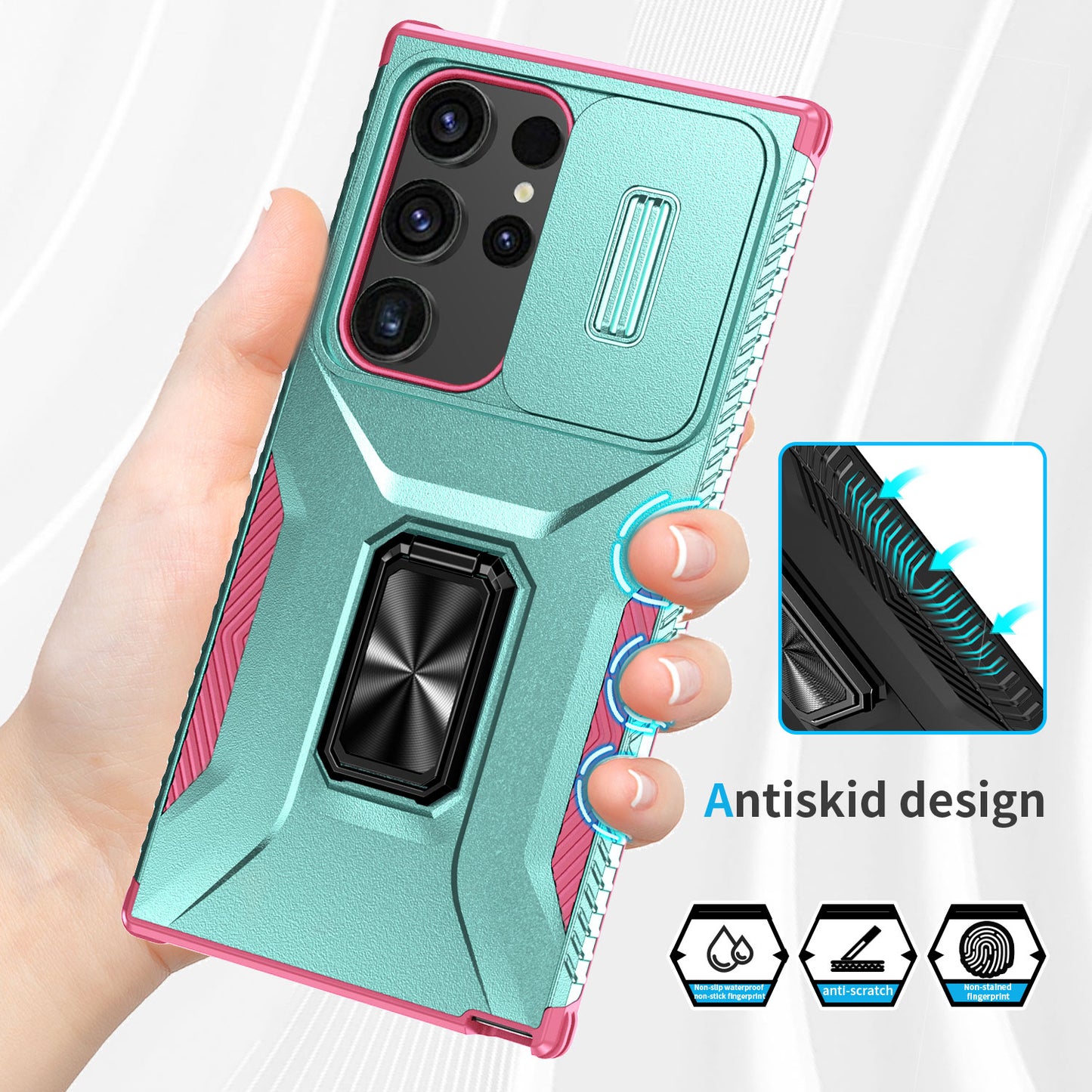 For Samsung Galaxy S24 Ultra Case Rotate Kickstand Slide Lens Window Phone Cover - Cyan+Pink
