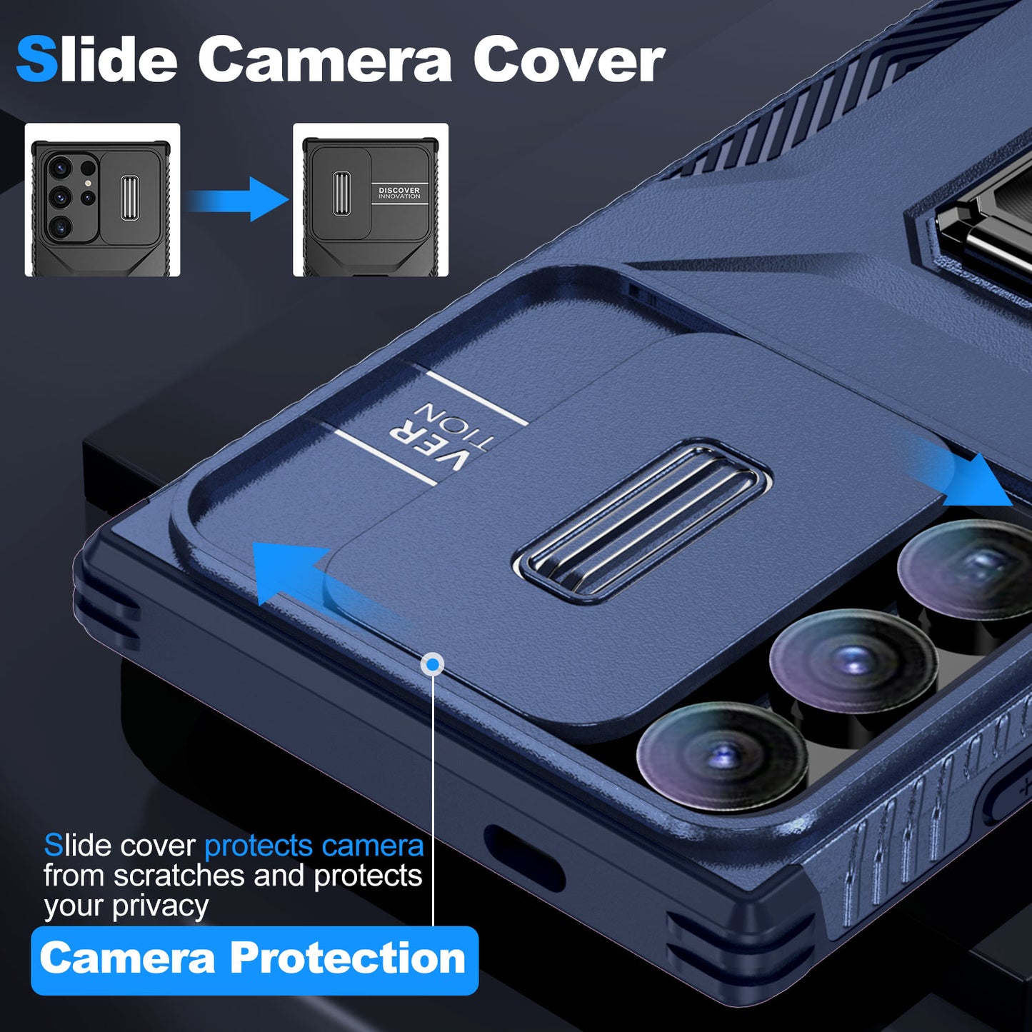 For Samsung Galaxy S24 Ultra Case Rotate Kickstand Slide Lens Window Phone Cover - Blue