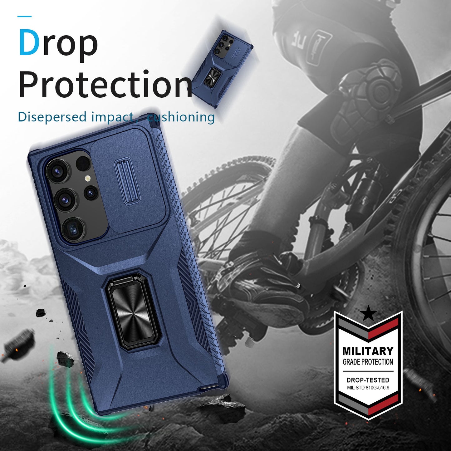 For Samsung Galaxy S24 Ultra Case Rotate Kickstand Slide Lens Window Phone Cover - Blue