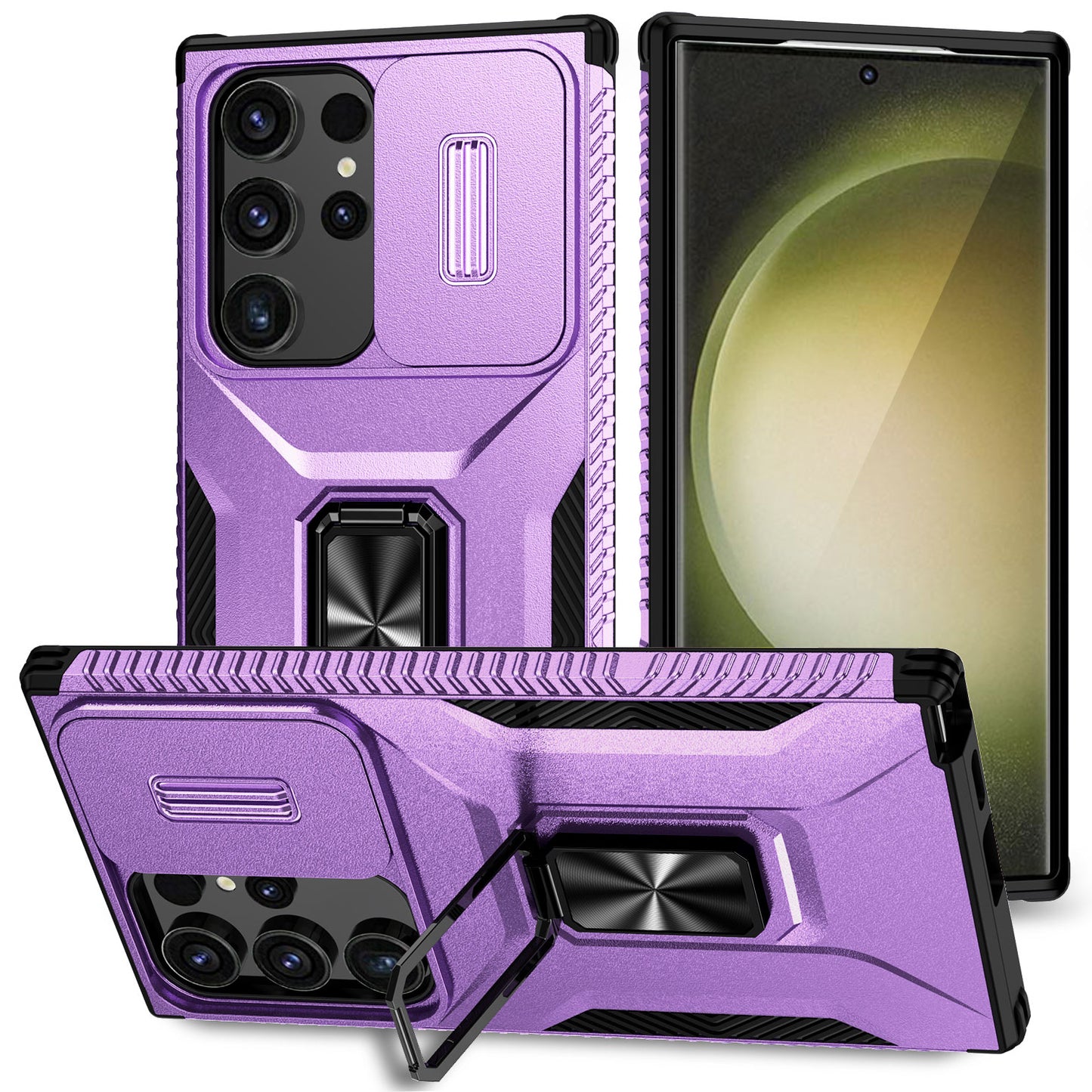 For Samsung Galaxy S24 Ultra Case Rotate Kickstand Slide Lens Window Phone Cover - Purple