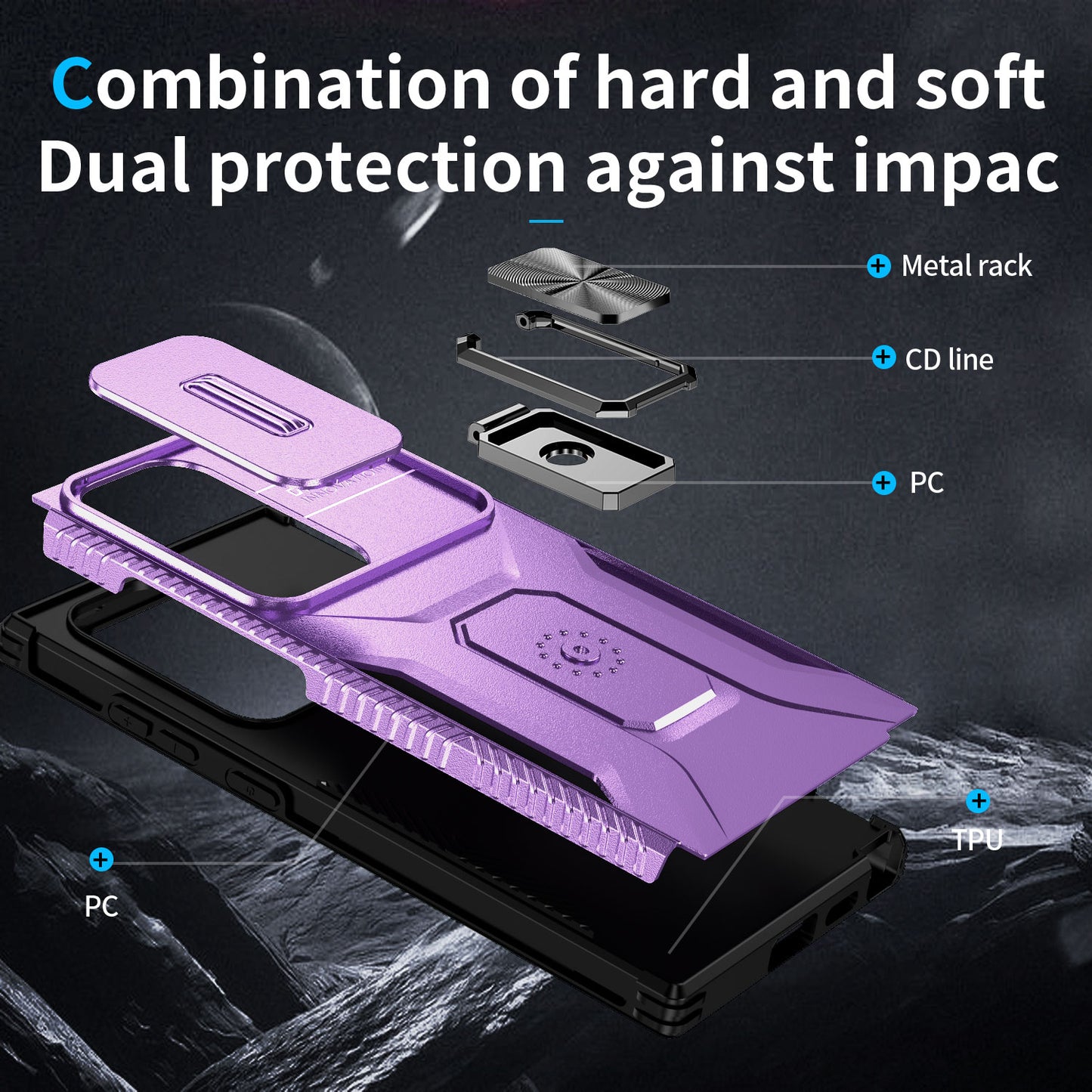 For Samsung Galaxy S24 Ultra Case Rotate Kickstand Slide Lens Window Phone Cover - Purple