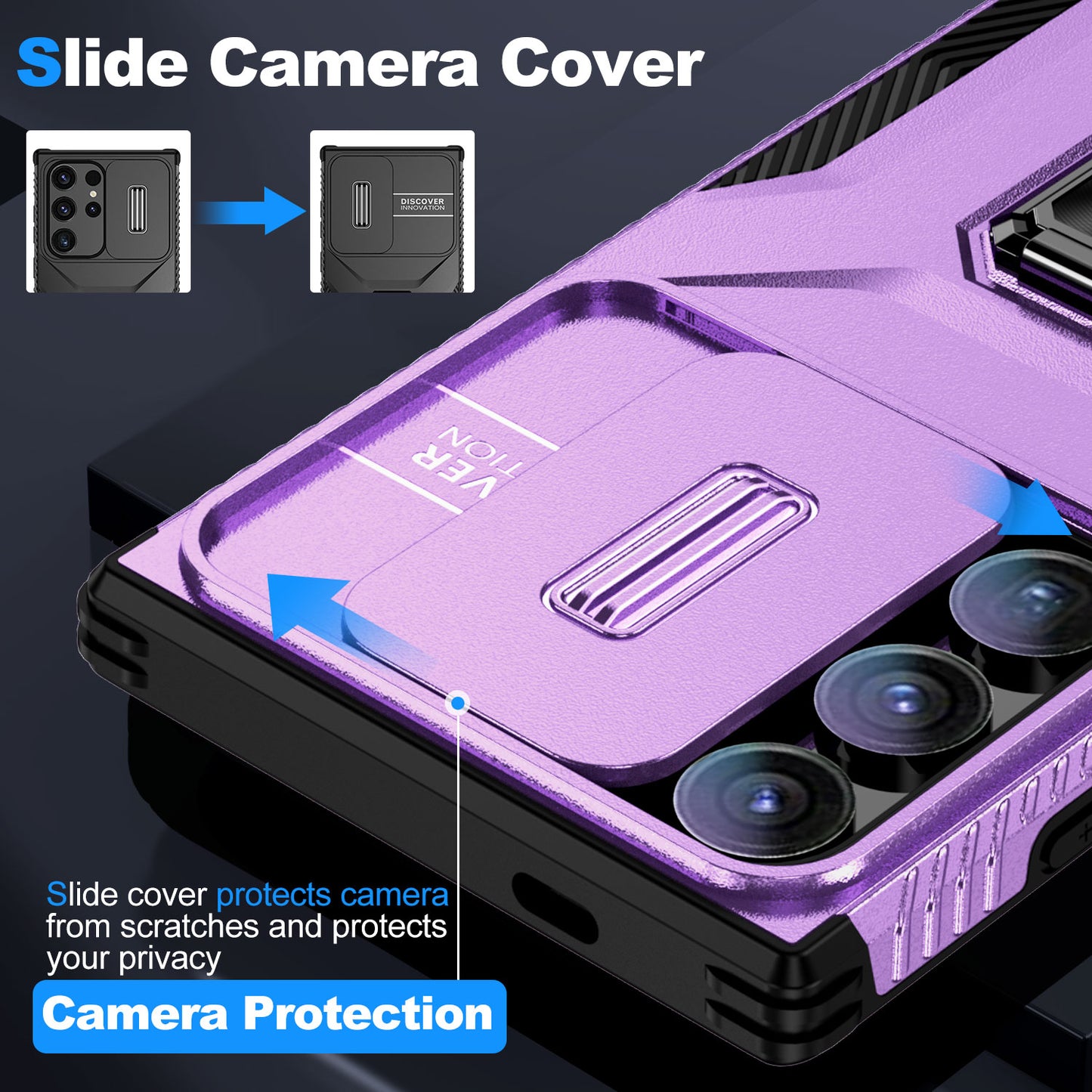 For Samsung Galaxy S24 Ultra Case Rotate Kickstand Slide Lens Window Phone Cover - Purple