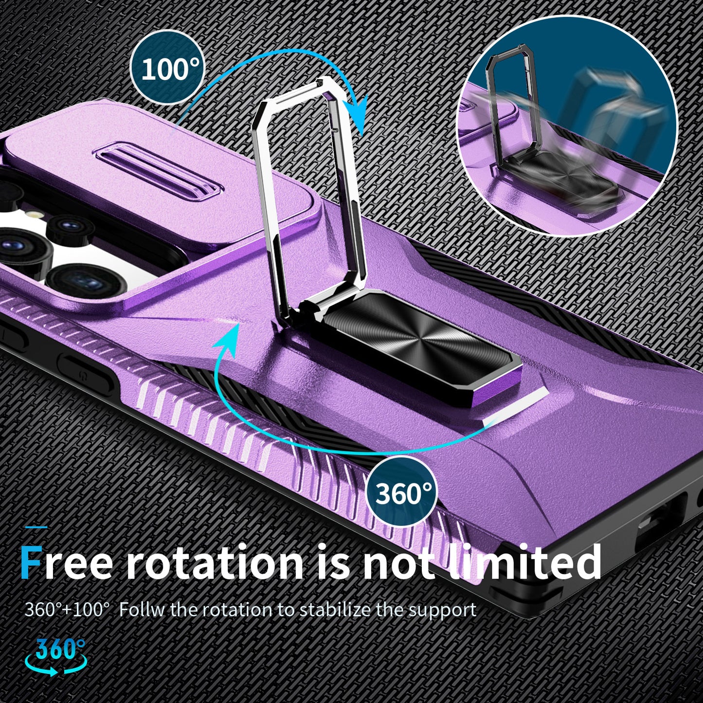 For Samsung Galaxy S24 Ultra Case Rotate Kickstand Slide Lens Window Phone Cover - Purple