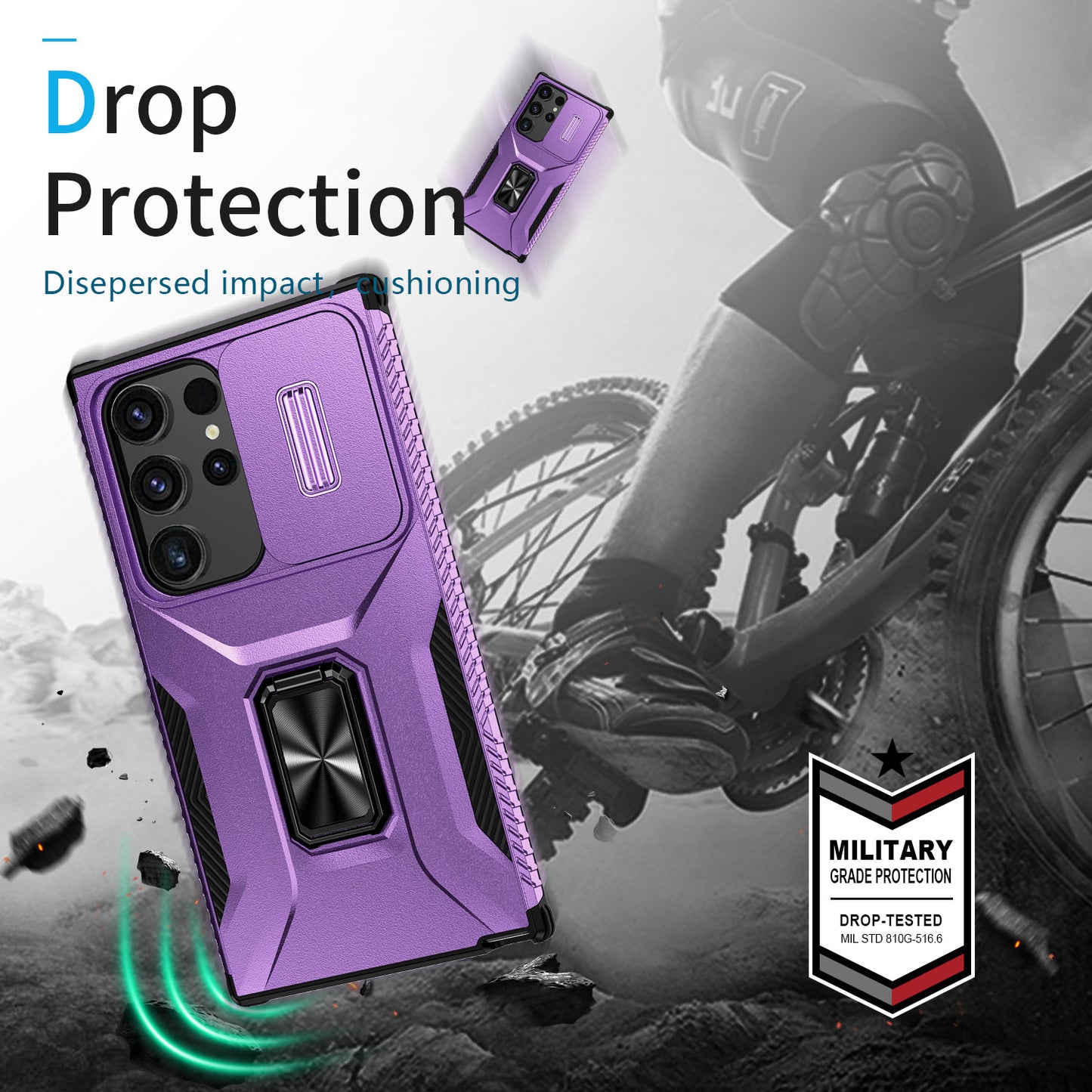For Samsung Galaxy S24 Ultra Case Rotate Kickstand Slide Lens Window Phone Cover - Purple