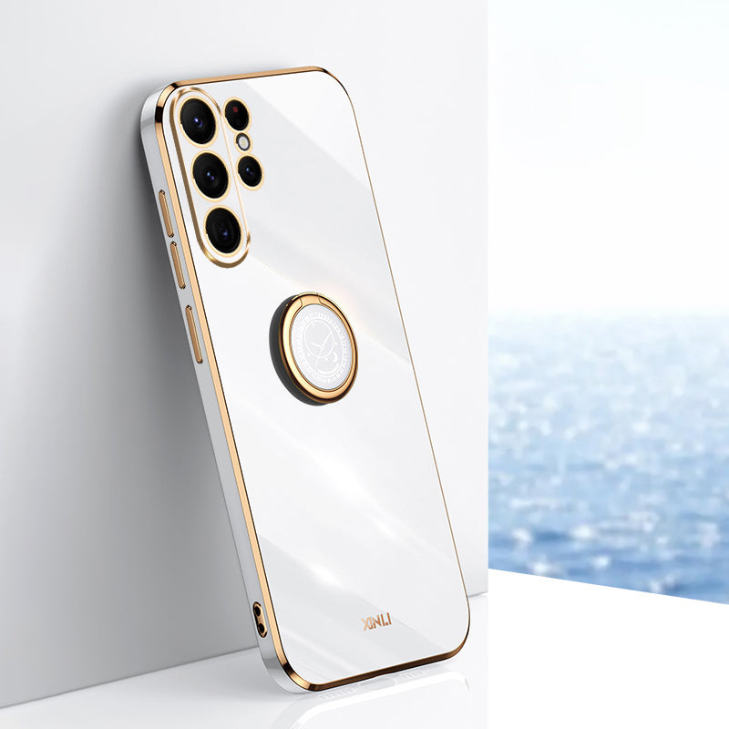 XINLI For Samsung Galaxy S24 Ultra Cover Electroplated TPU Phone Case with Ring Kickstand - White