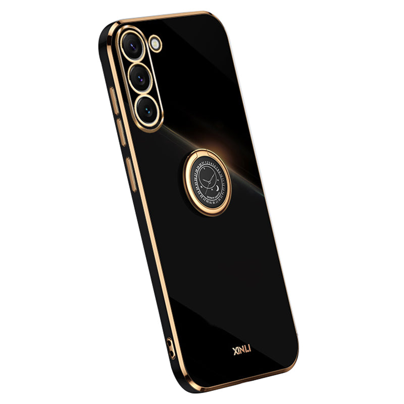 XINLI For Samsung Galaxy S24 Case Electroplated TPU Phone Ring Kickstand Back Cover - Black