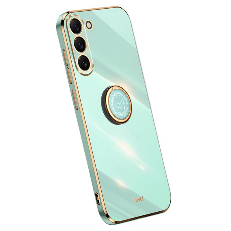 XINLI For Samsung Galaxy S24+ Cover Golden Edge TPU Phone Case with Ring Kickstand - Cyan