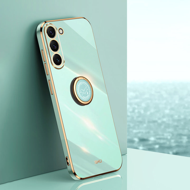 XINLI For Samsung Galaxy S24+ Cover Golden Edge TPU Phone Case with Ring Kickstand - Cyan