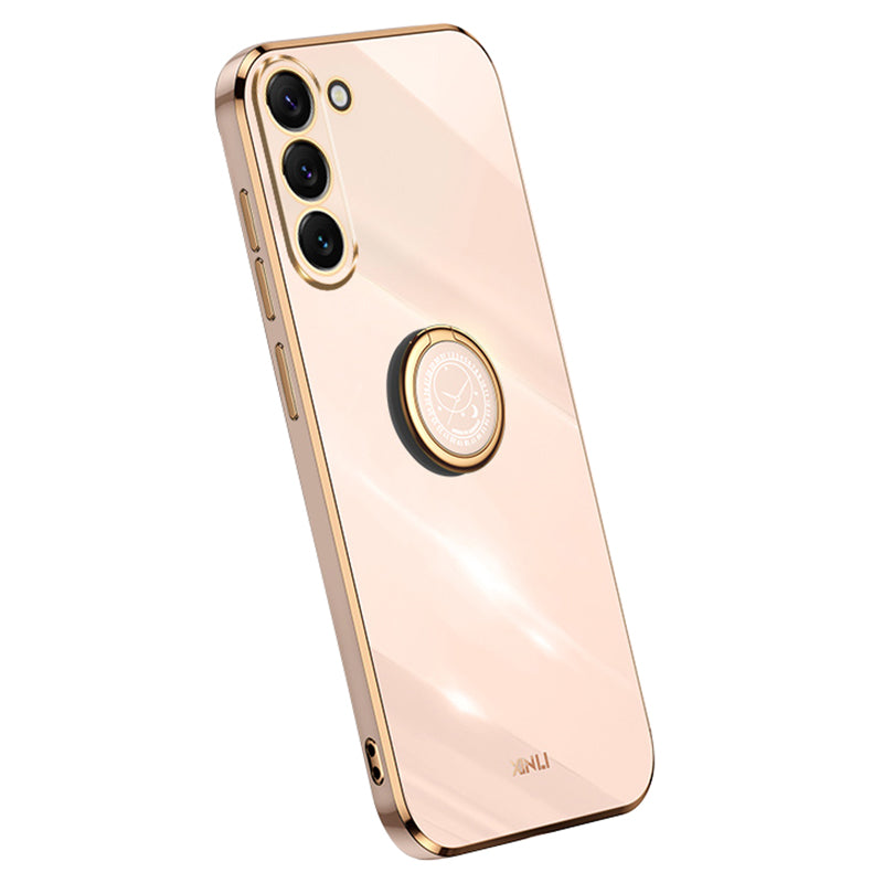 XINLI For Samsung Galaxy S24+ Cover Golden Edge TPU Phone Case with Ring Kickstand - Pink
