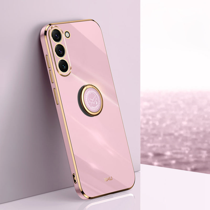 XINLI For Samsung Galaxy S24+ Cover Golden Edge TPU Phone Case with Ring Kickstand - Purple