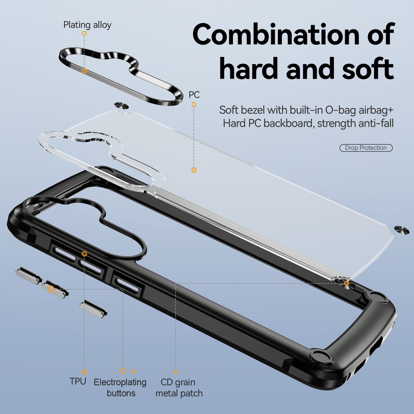 PC+TPU Phone Case for Samsung Galaxy S24+ Phone Cover with Anti-Drop Alloy Lens Frame - Black