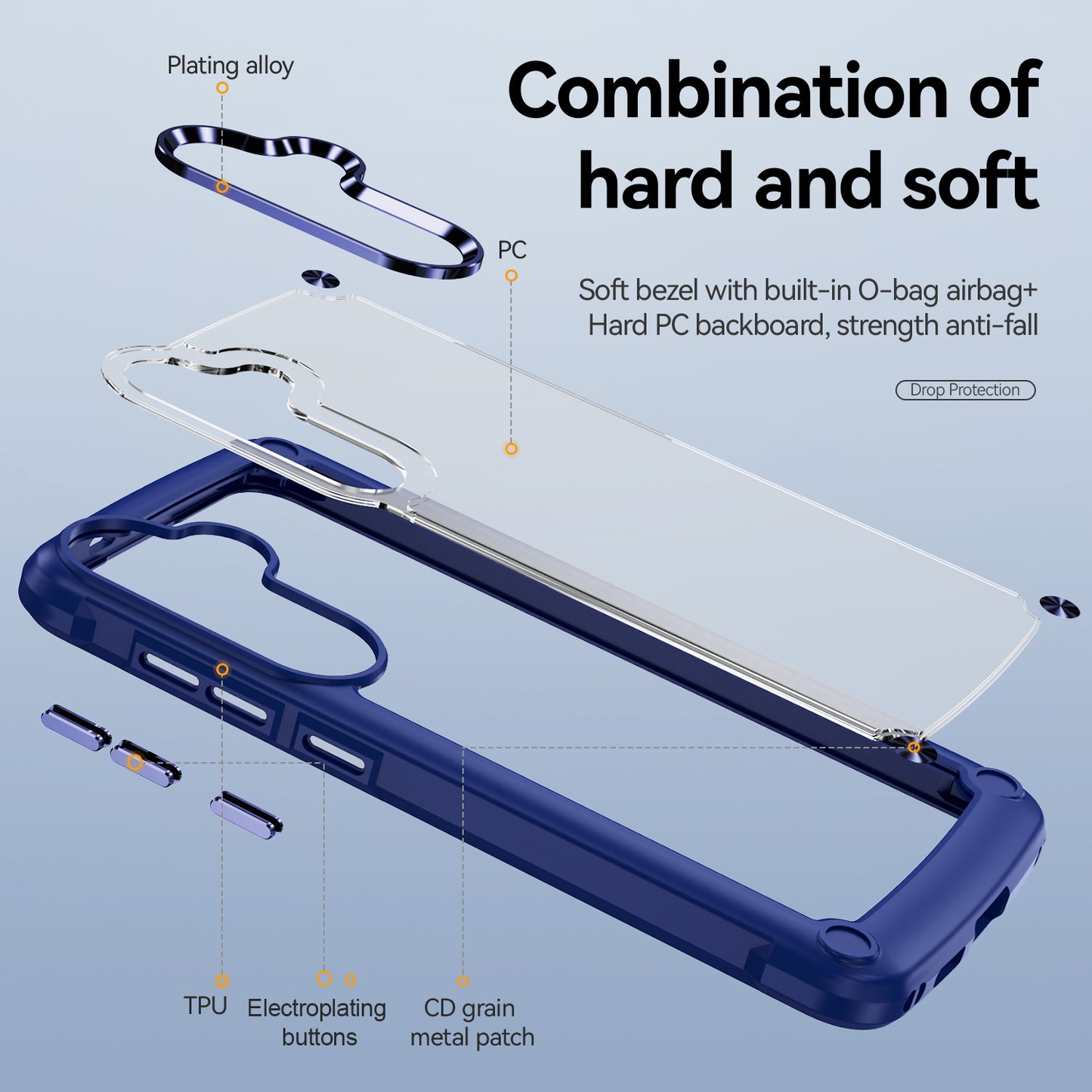 PC+TPU Phone Case for Samsung Galaxy S24+ Phone Cover with Anti-Drop Alloy Lens Frame - Blue