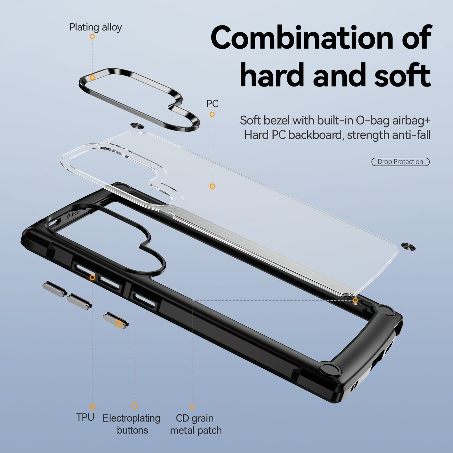 For Samsung Galaxy S24 Ultra Case Anti-fall PC + TPU Phone Protector with Alloy Lens Frame - Black