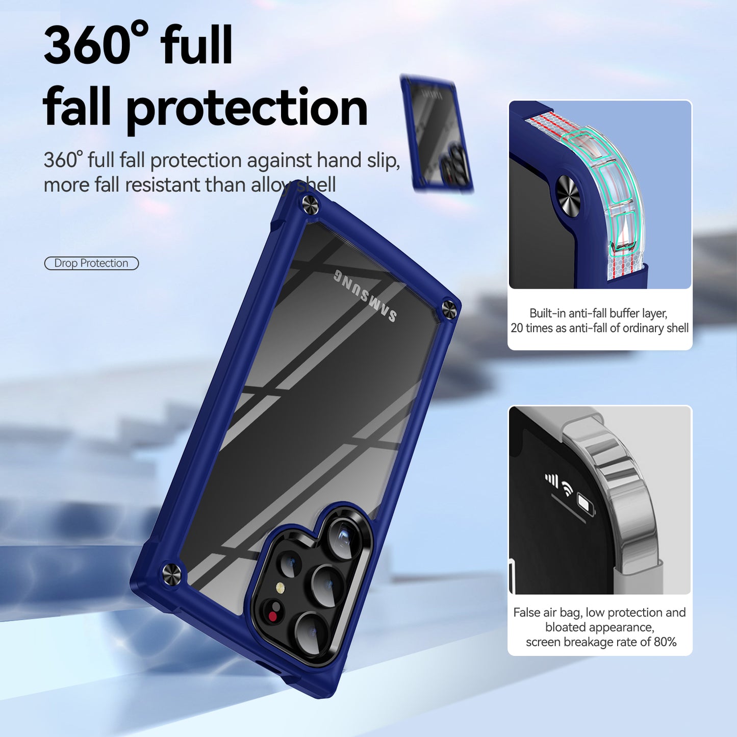 For Samsung Galaxy S24 Ultra Case Anti-fall PC + TPU Phone Protector with Alloy Lens Frame - Blue+Black