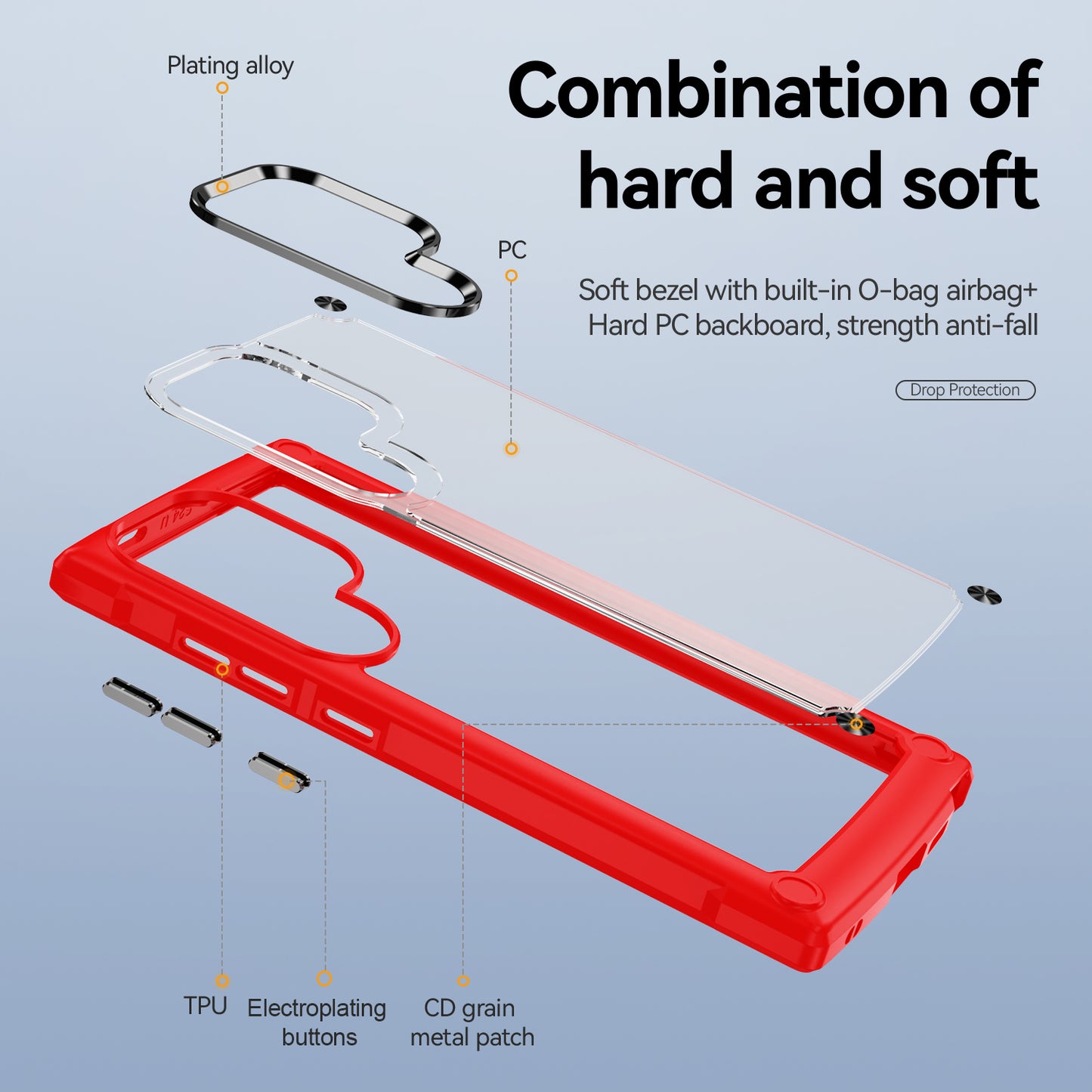For Samsung Galaxy S24 Ultra Case Anti-fall PC + TPU Phone Protector with Alloy Lens Frame - Red+Black