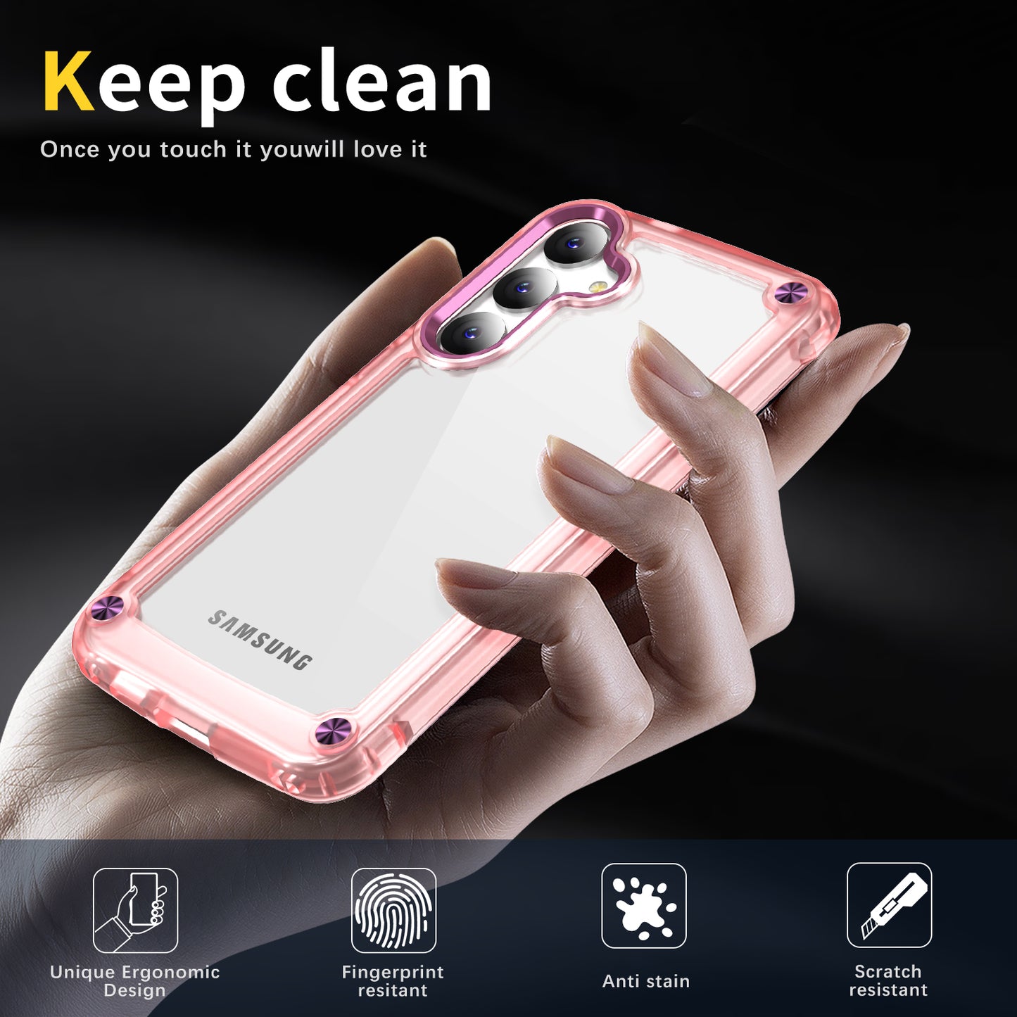 For Samsung Galaxy S24 Case Anti-drop TPU Frame Clear PC Back Cover - Transparent+Pink
