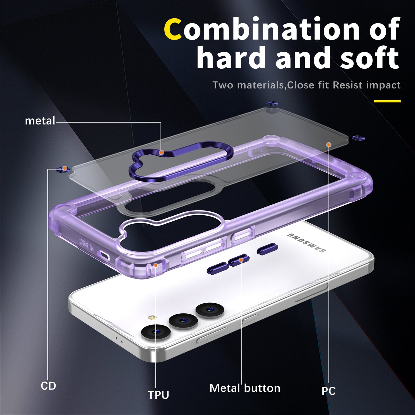 For Samsung Galaxy S24 Case Anti-drop TPU Frame Clear PC Back Cover - Transparent+Purple