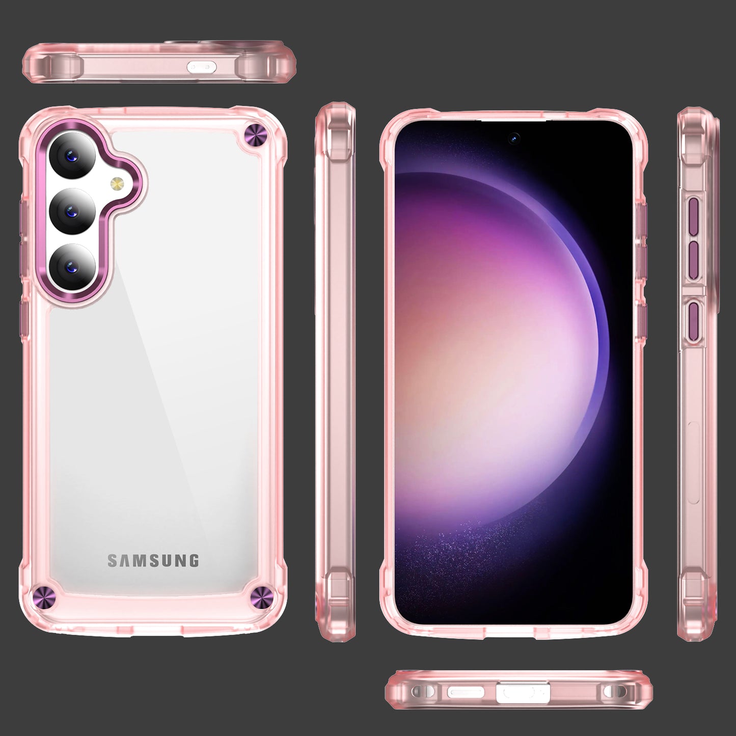 For Samsung Galaxy S24+ Clear Case PC+TPU Cover with Camera Lens Frame - Transparent+Pink