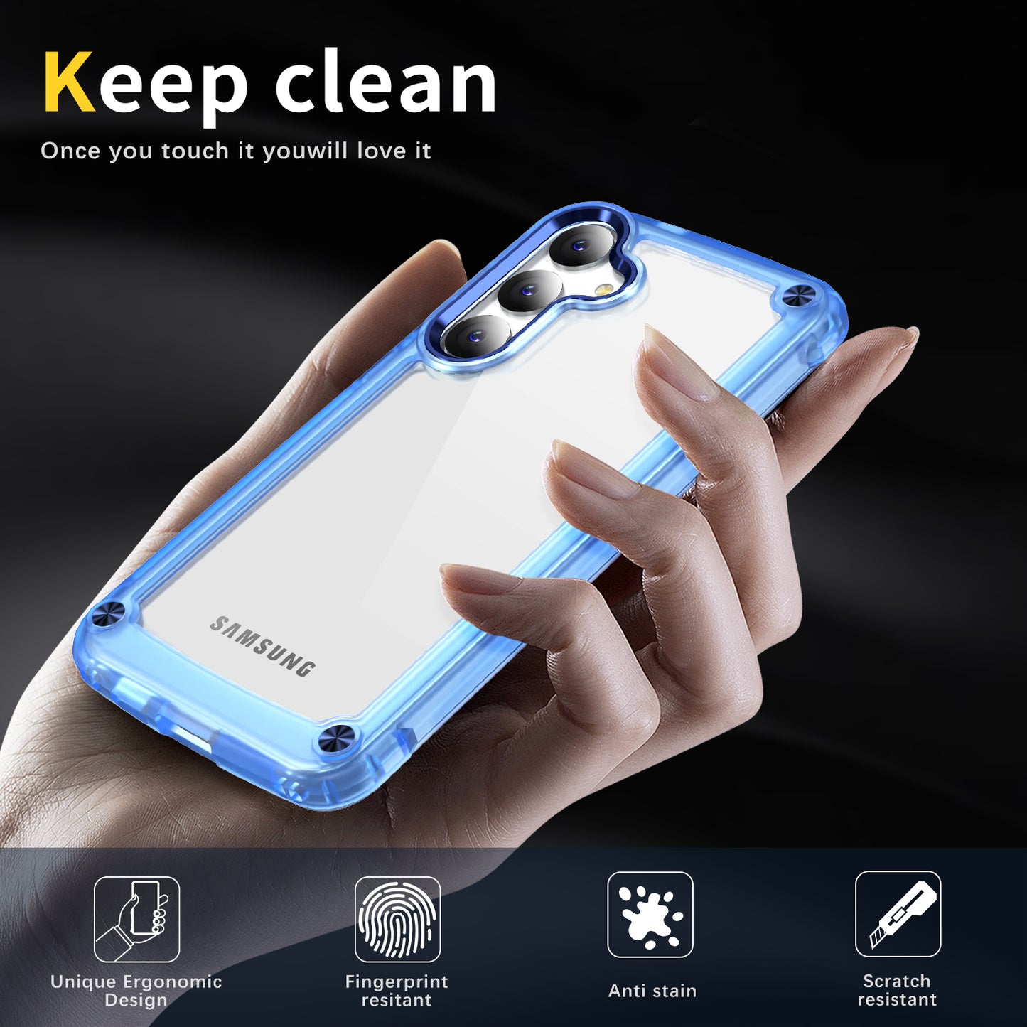 For Samsung Galaxy S24+ Clear Case PC+TPU Cover with Camera Lens Frame - Transparent+Blue