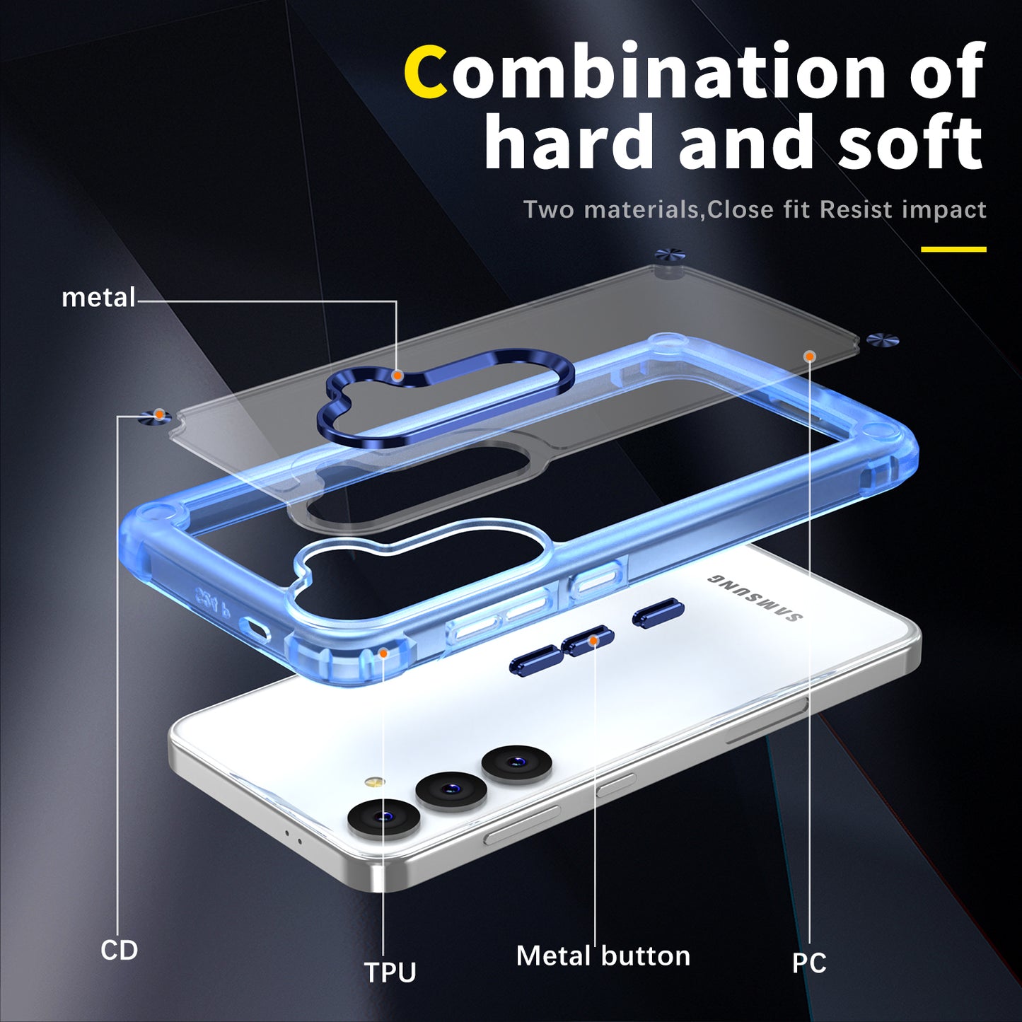 For Samsung Galaxy S24+ Clear Case PC+TPU Cover with Camera Lens Frame - Transparent+Blue
