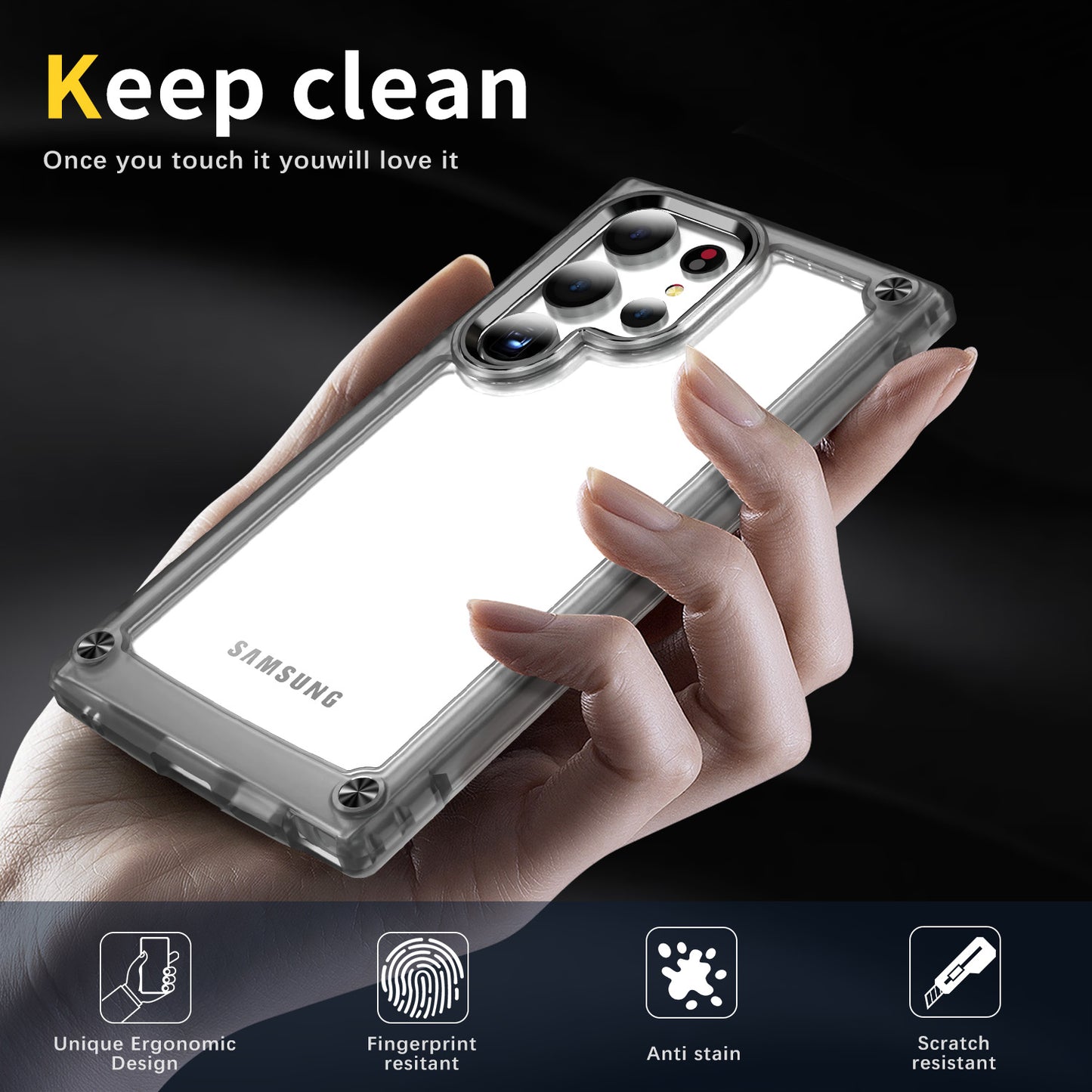 For Samsung Galaxy S24 Ultra Case PC+TPU Skin-touch Clear Phone Cover - Transparent+Black