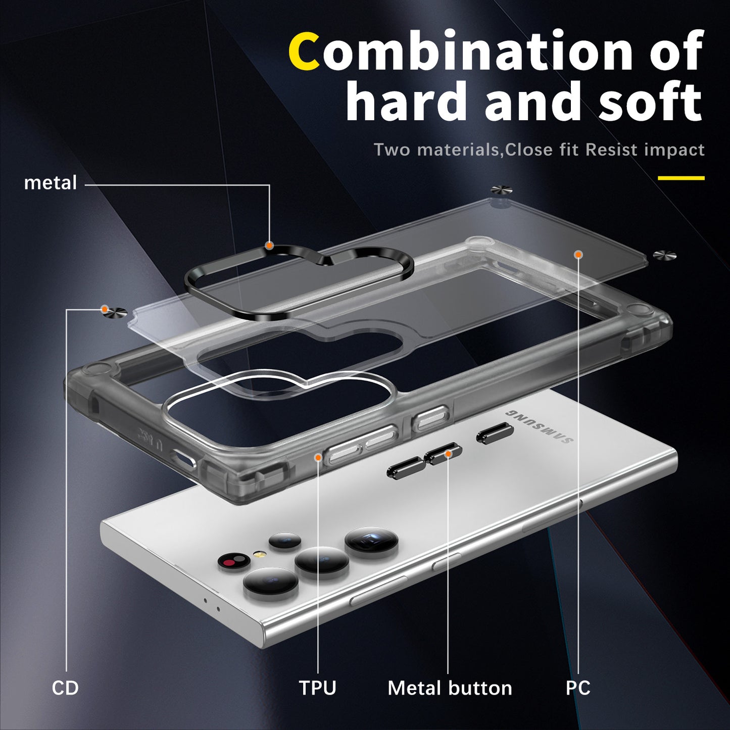 For Samsung Galaxy S24 Ultra Case PC+TPU Skin-touch Clear Phone Cover - Transparent+Black