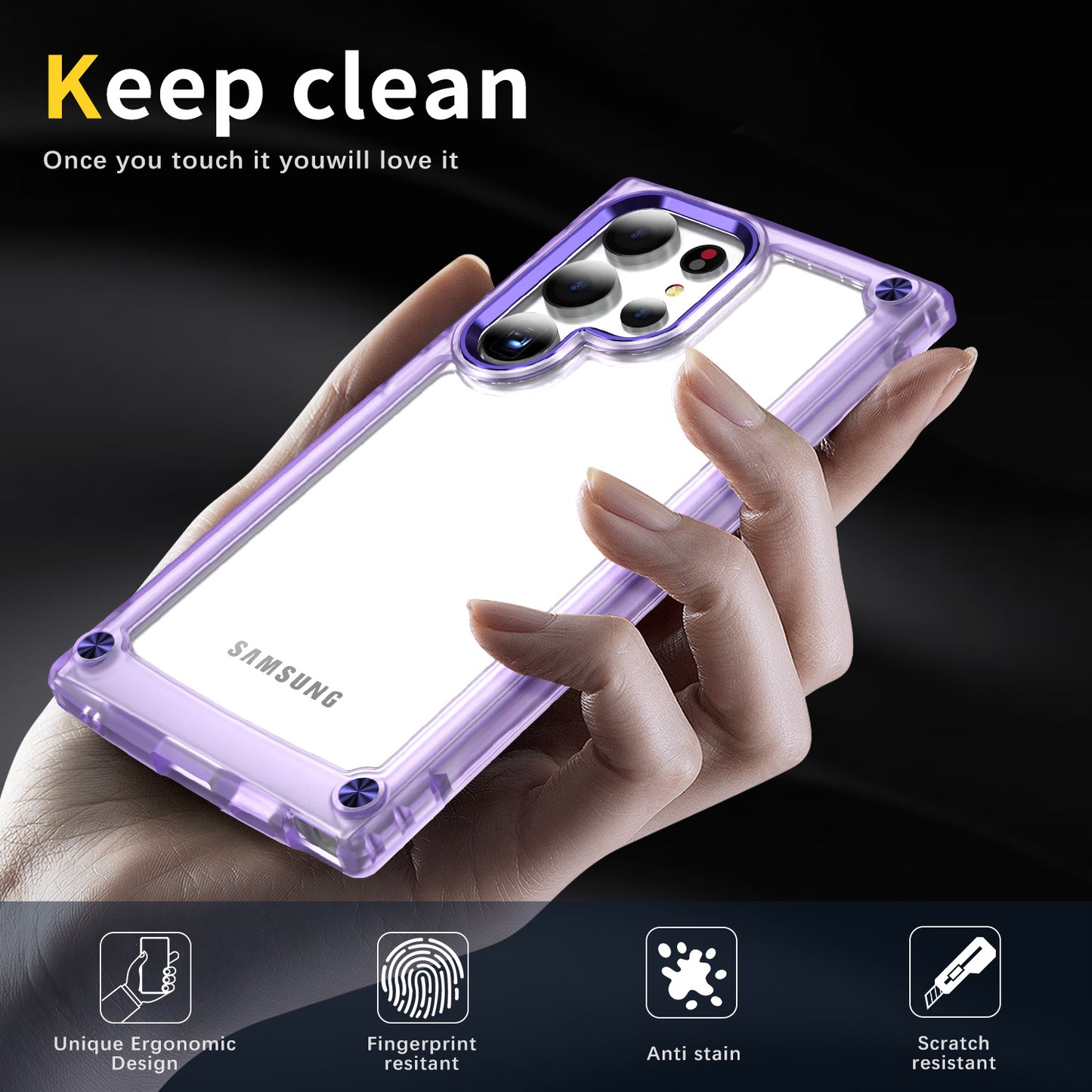 For Samsung Galaxy S24 Ultra Case PC+TPU Skin-touch Clear Phone Cover - Transparent+Purple