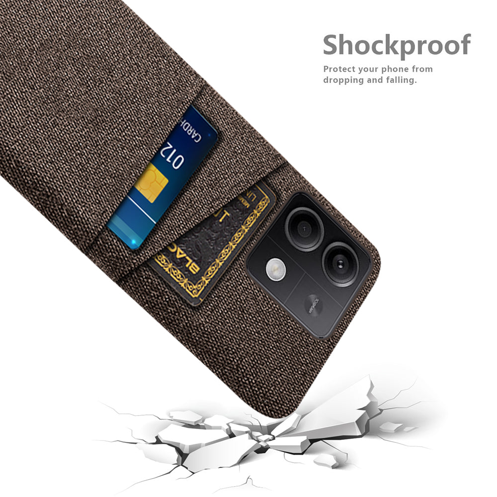 Hard PC+Cloth Phone Cover for Xiaomi Redmi Note 13 5G Case Dual Card Slot Protective Phone Case - Brown