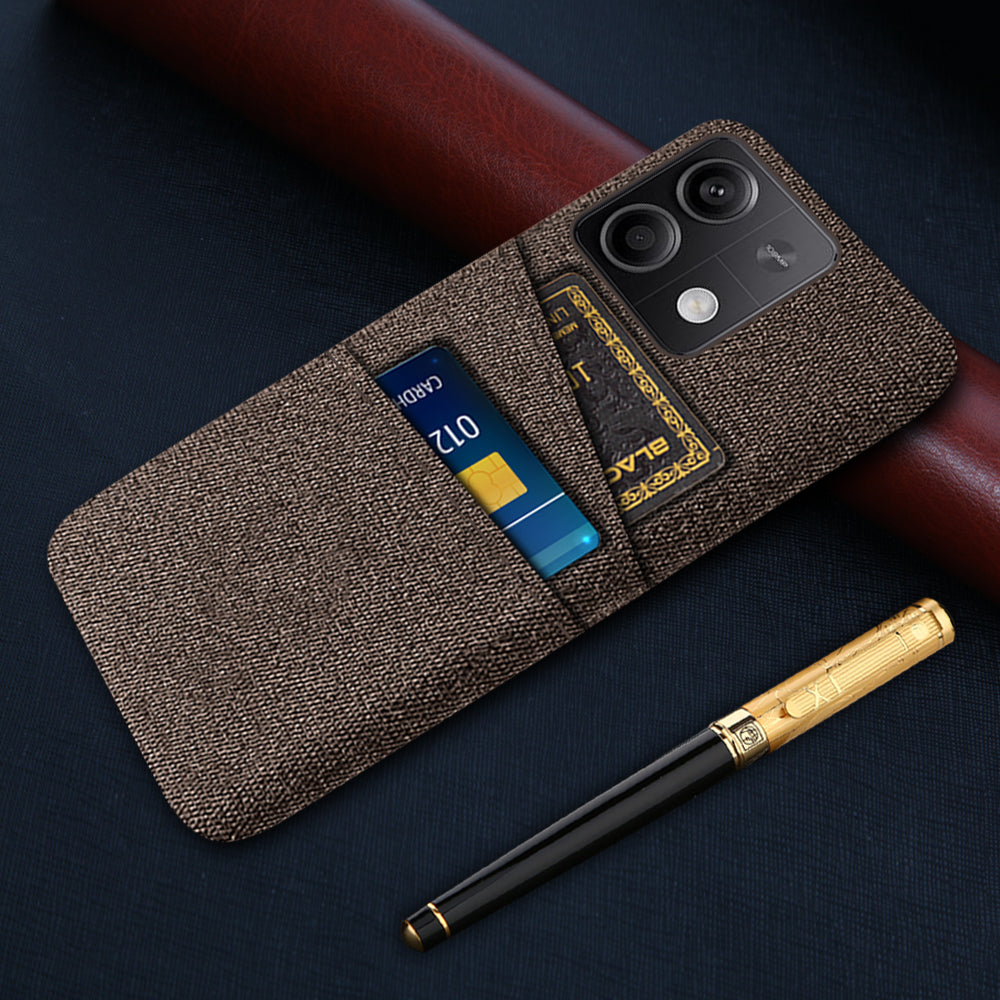 Hard PC+Cloth Phone Cover for Xiaomi Redmi Note 13 5G Case Dual Card Slot Protective Phone Case - Brown