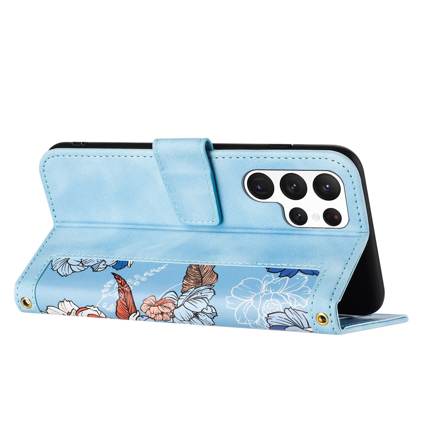 For Samsung Galaxy S24 Ultra Leather Case Flower Pattern Stand Phone Cover - Baby Blue
