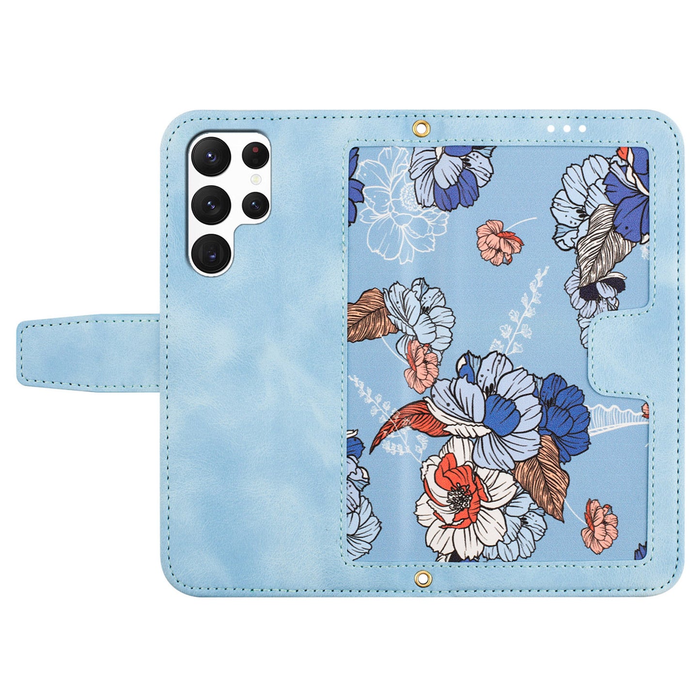 For Samsung Galaxy S24 Ultra Leather Case Flower Pattern Stand Phone Cover - Baby Blue
