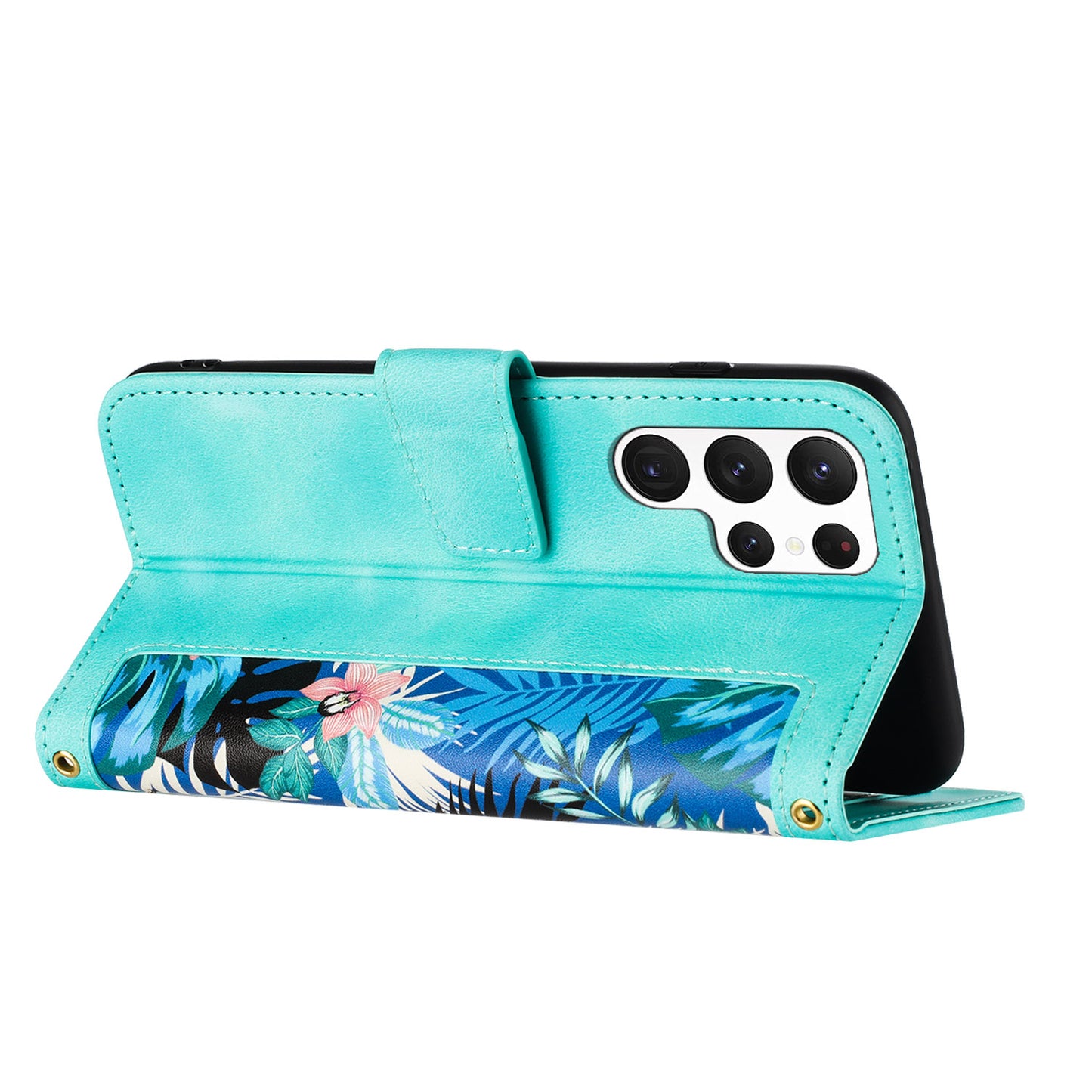 For Samsung Galaxy S24 Ultra Leather Case Flower Pattern Stand Phone Cover - Green