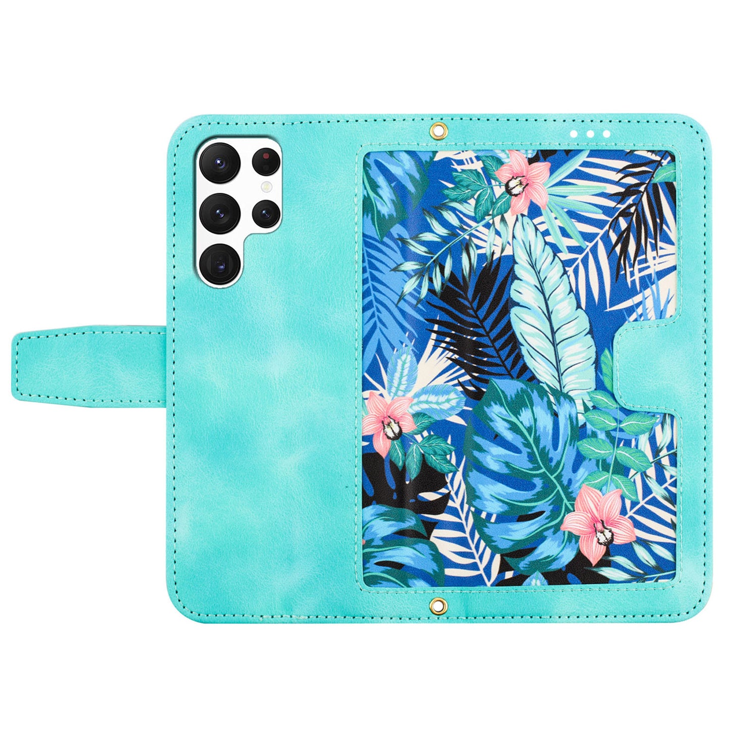 For Samsung Galaxy S24 Ultra Leather Case Flower Pattern Stand Phone Cover - Green